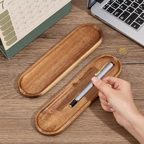 Miniatura 3 de OLYCRAFT 2Pcs Wooden Pen Tray Brown Pens Tray Minimalist Pen Rest Oval Wooden Pens Trays Acacia Wood Pencil Trays Wood Desk Accessories for Home