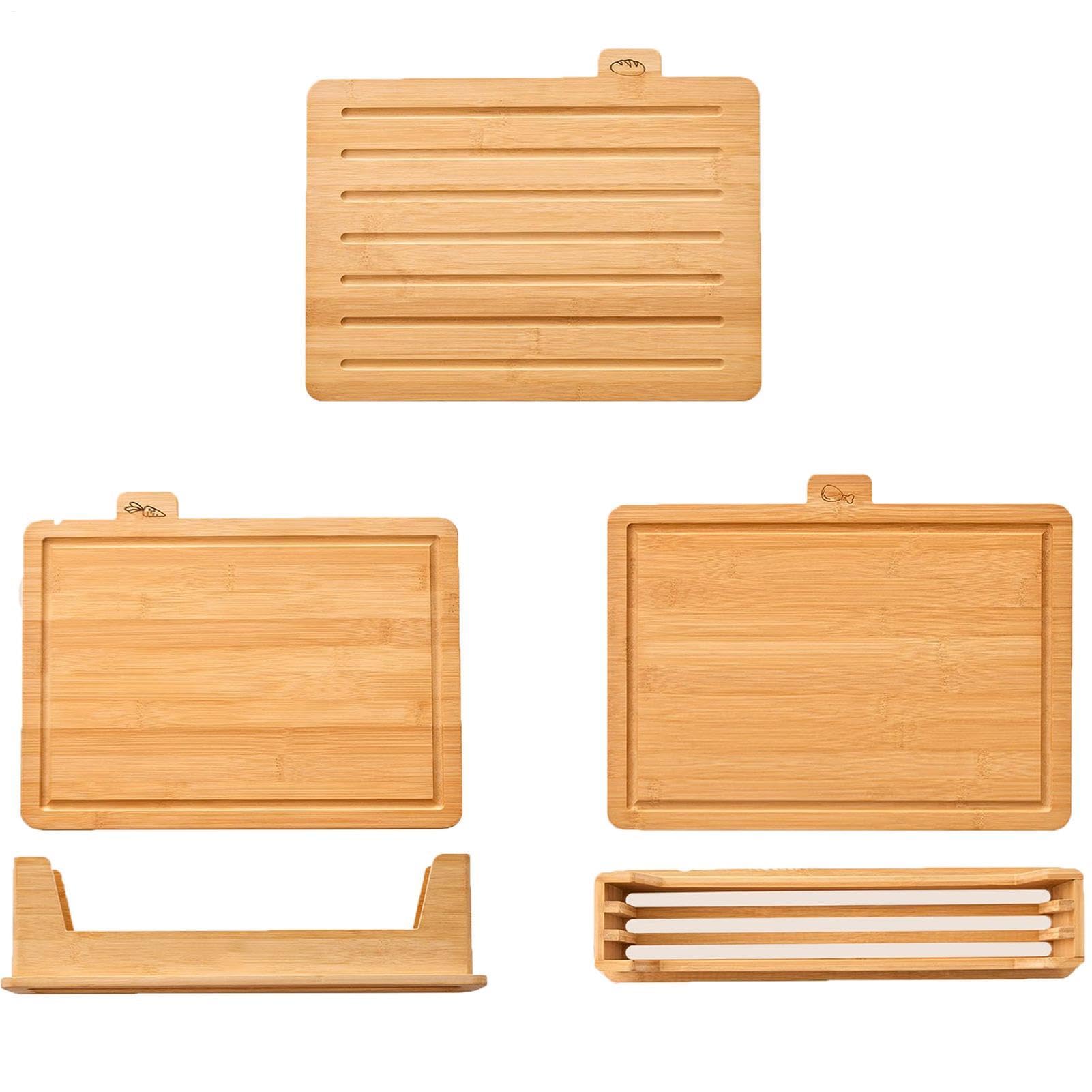 Set di taglieri in legno, 4 taglieri etichettati con base portaoggetti