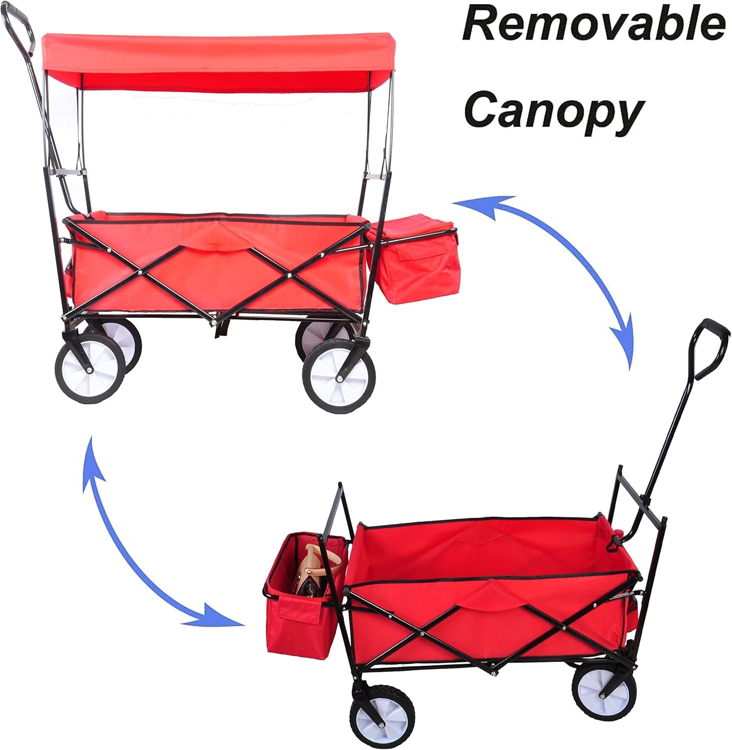Collapsible Wagon Cart, Folding Garden Shopping Beach Cart Folding Wagon with Umbrella, 150 lbs Capacity Outdoor Camping Garden Utility Wagon Yard Cart Camping Wagon Push Pull Beach Wagon Cart Red