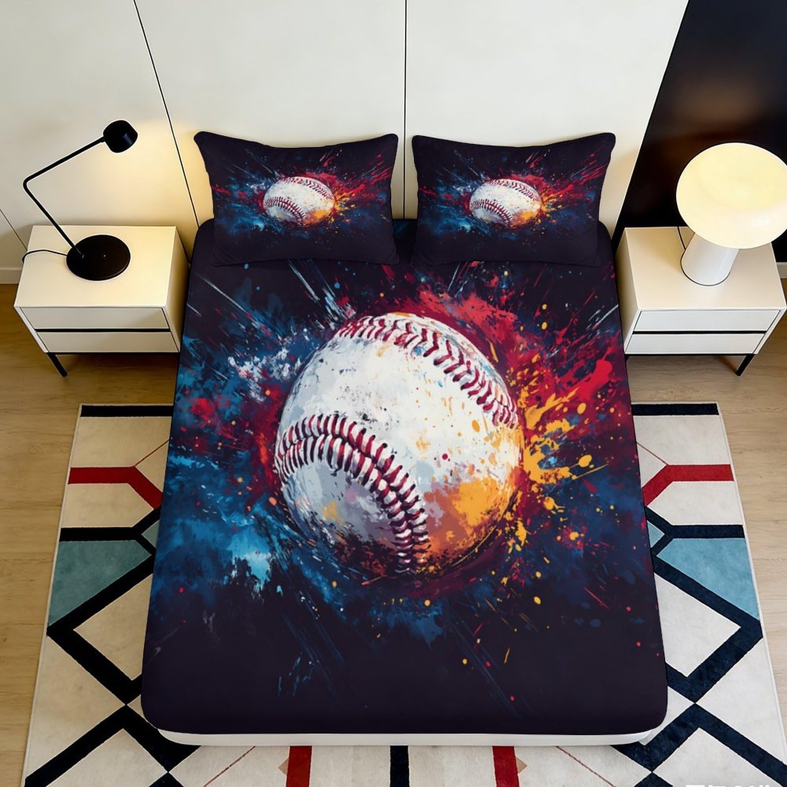 3D Printed Baseball Splash Fitted Sheet Microfiber Non-Slip Mattress Cover for Bedroom Guest Room Dorm Decor 120x200cm 140x200x25cm