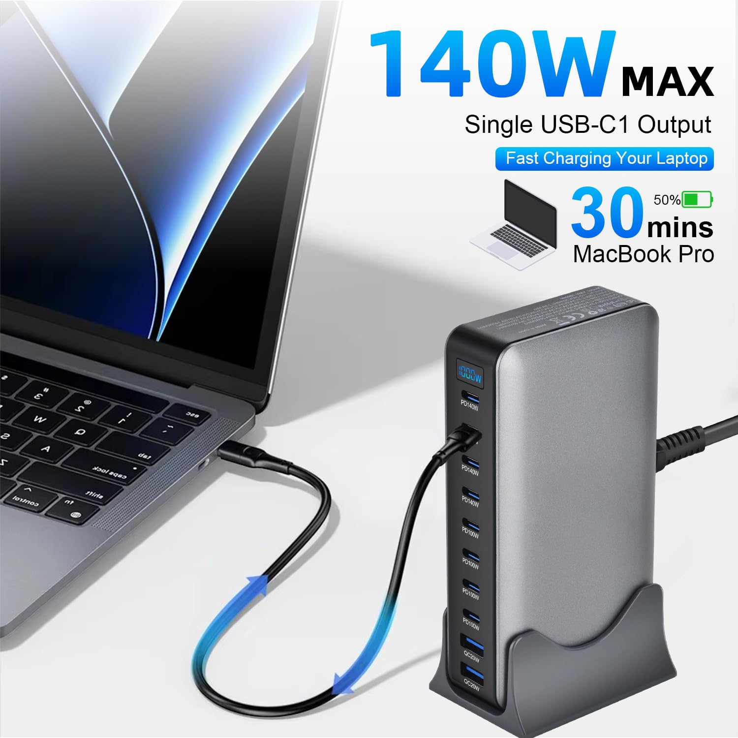 10 en 1 & 1000 W USB C cargador múltiple GaN 4 Max PD140W/100W QC20W portátil cargador rápido estación de carga (8C + 2 A)