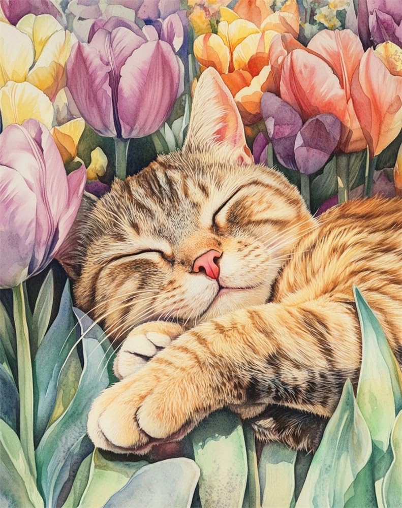 Henypt Cross Stitch Kits Cat and Tulips Stamped Cross Stitch Preprinted 11Ct Fabric Cross Stitch DIY Art Embroidery Kits for Adults (Stamped)