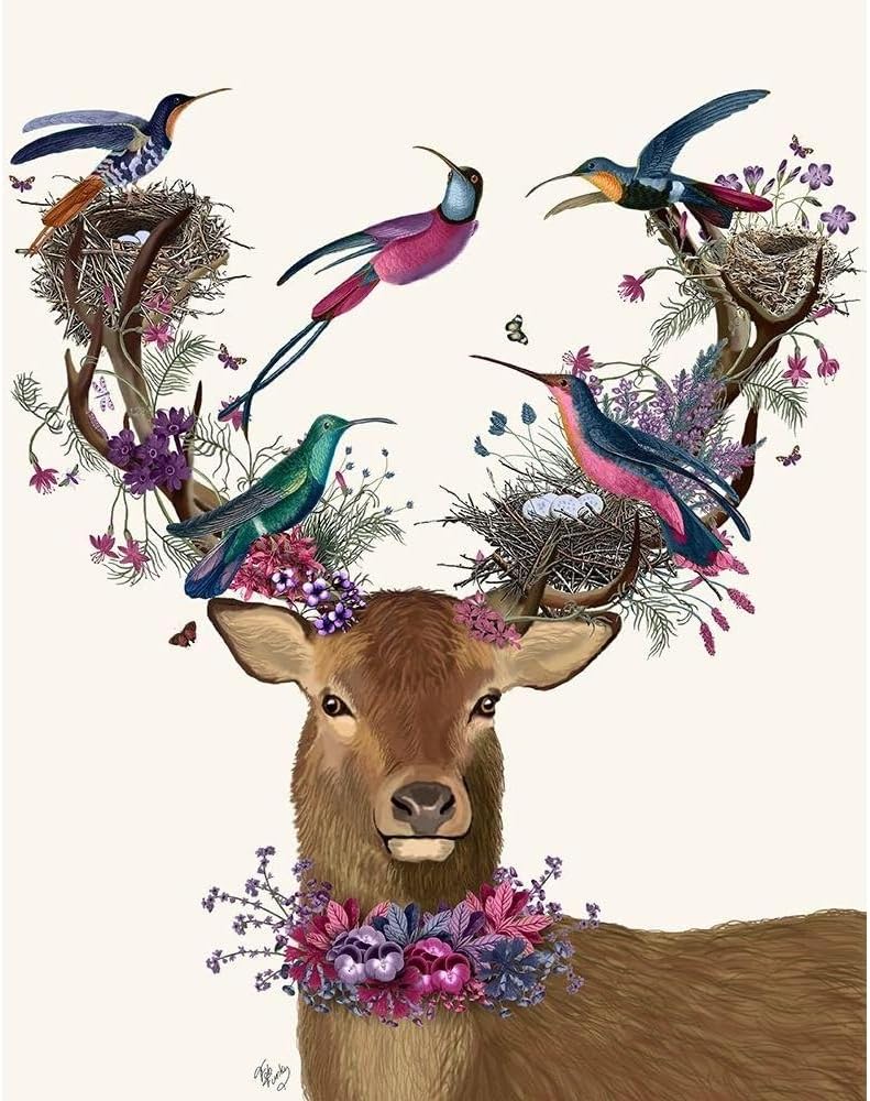 ArtDirect Deer Birdkeeper, Tropical Bird Nests Art Print Poster by Fab Funky - Ready for Framing with Customization Sizes 8x10, 11x14, 16x20, 24x31, 36x46, and 47x60 Inches (47_192149D)