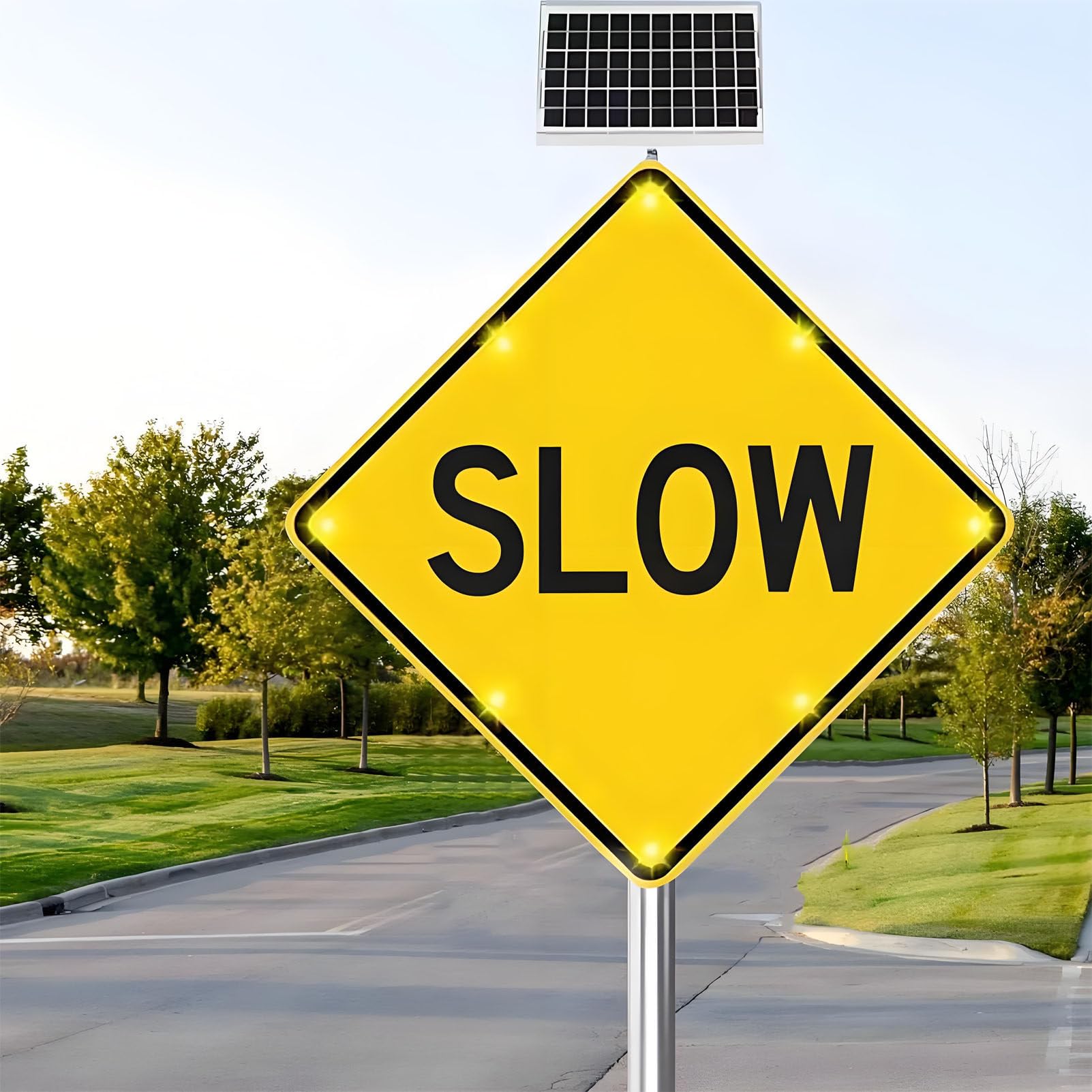 Señal de Advertencia de Velocidad Lenta de 24" con energía Solar, para Seguridad Vial en Exteriores, Ideal para entradas de vehículos, Calles residenciales y vecindarios.