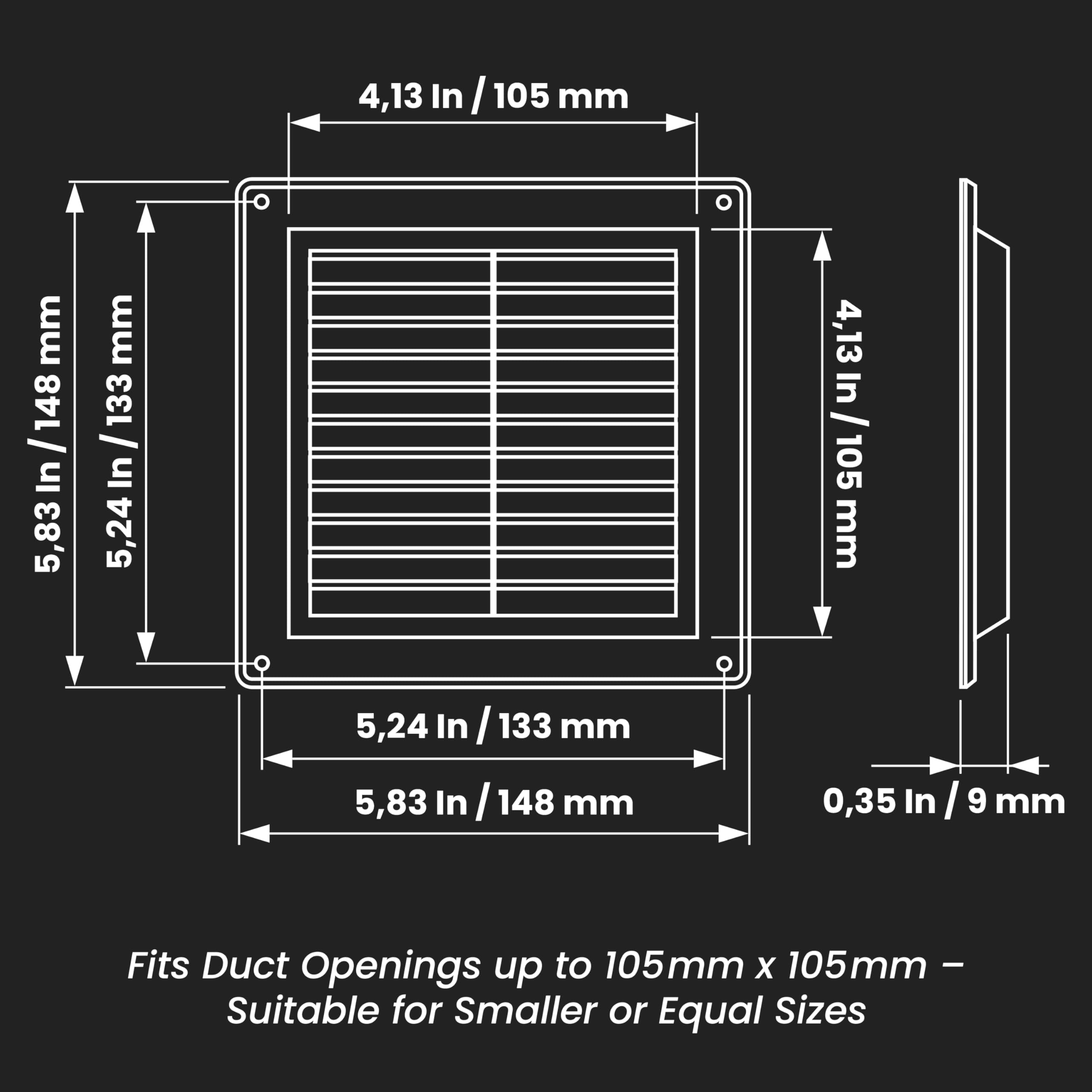 6'' x 6'' Inch / 150 x 150 mm Plastic Square Soffit Vent - Black - Built-in Screen Mesh - HVAC Vent Duct Cover - Image 2