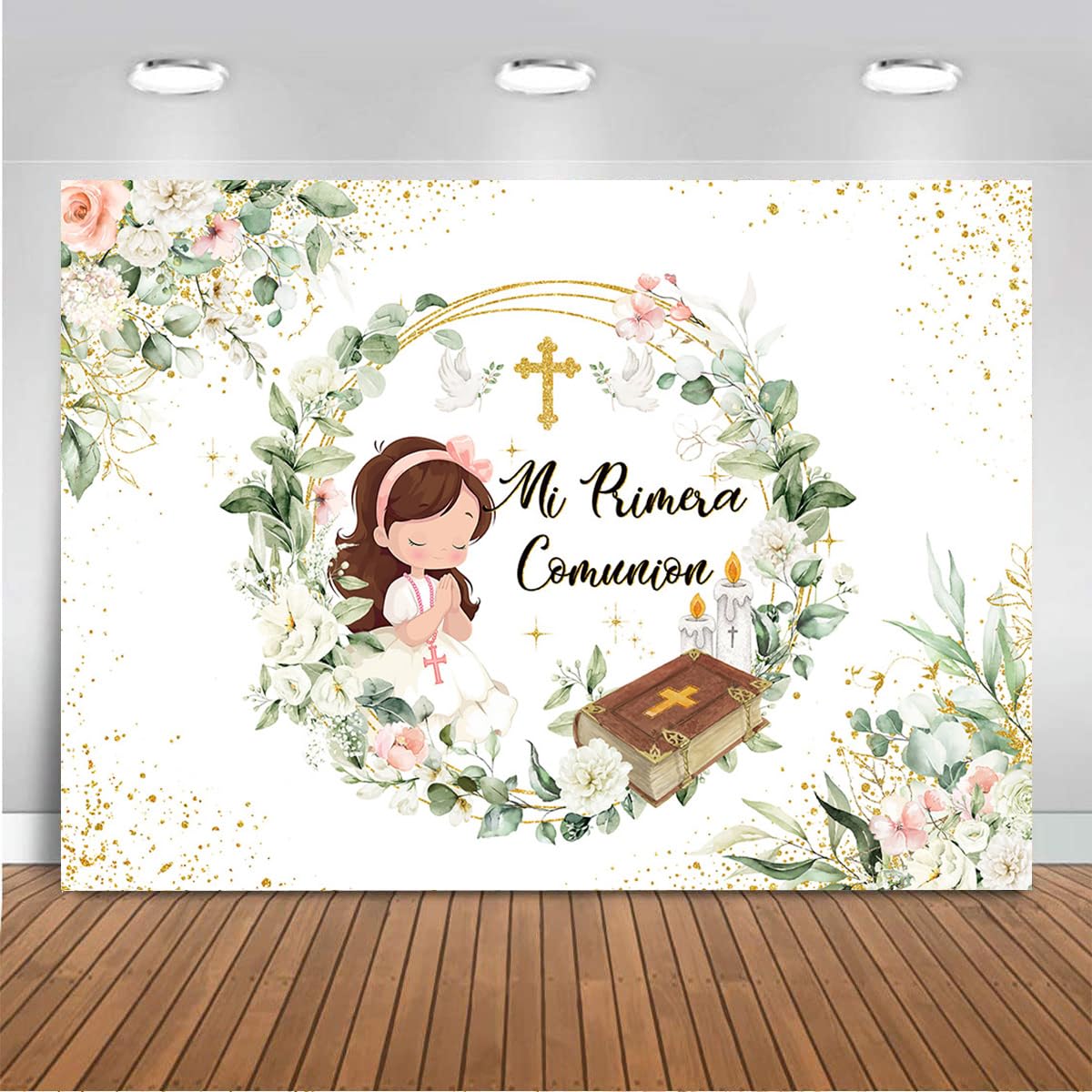 Mocsicka 7x5ft Mi Primera Comunion Backdrop Banner Greenery Baptism Party Decorations for Girls First Communion God Bless Photography Background