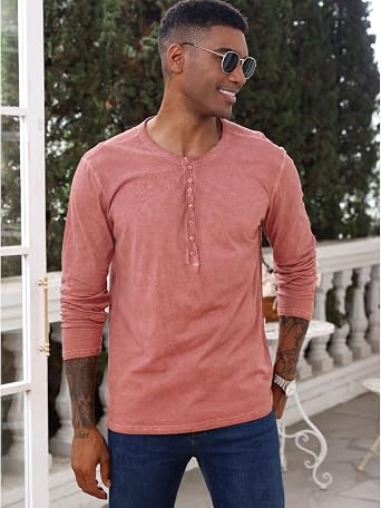 Henley Men's Long-Sleeved Shirt Men's Long-Sleeved T-Shirt Vintage T-Shirt Cotton Long Shirt M-3XL
