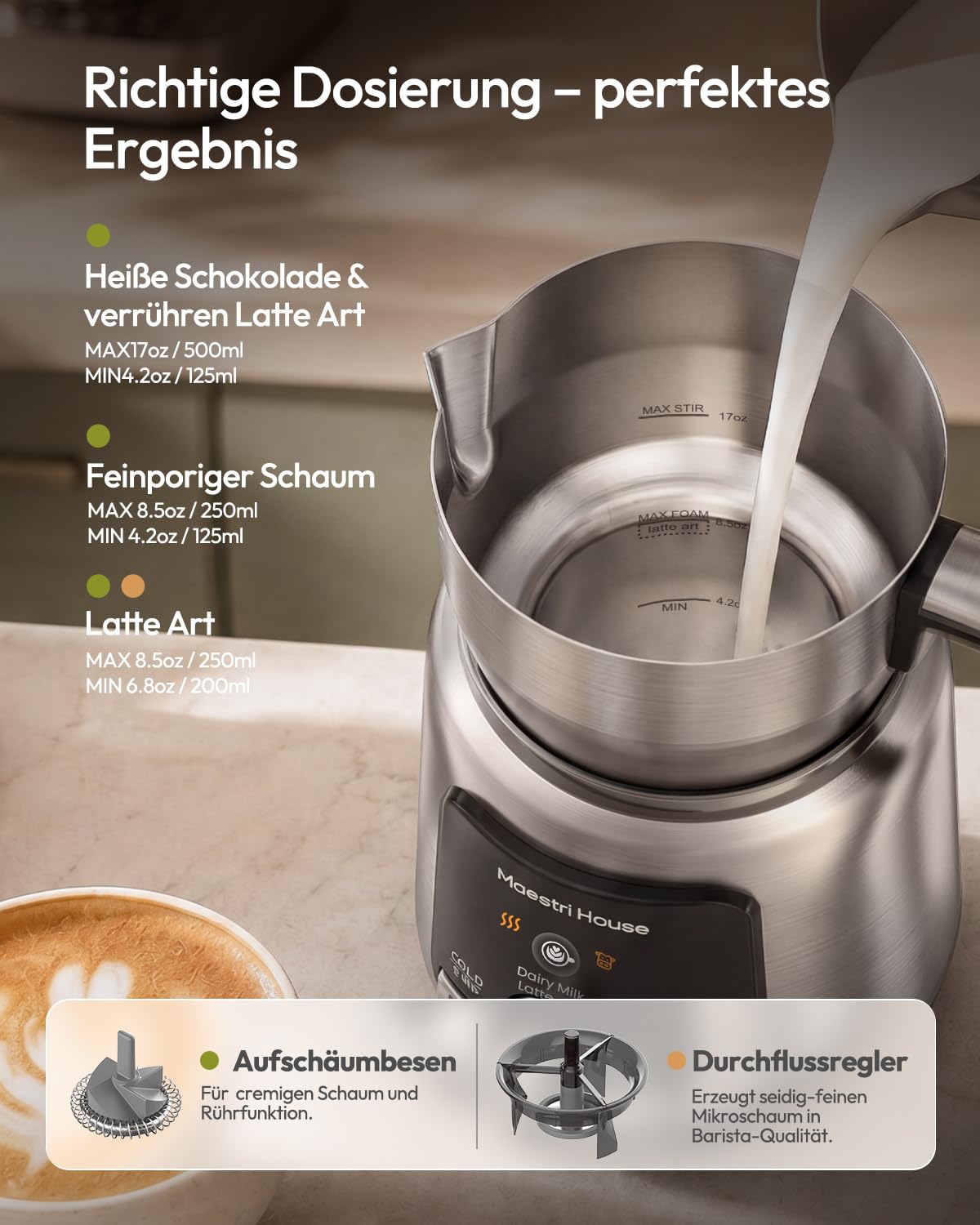 Maestri House IH Milchaufschäumer, 500 ml, geräuscharmer Milchaufschäumer und elektrischer Milchaufschäumer für Kaffee, Cappuccino, Macchiato, Latte Art, spülmaschinenfest, LED-Anzeige, DualFro Ultra