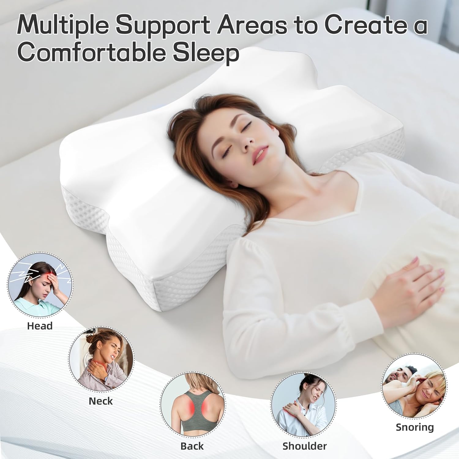 Cervical Neck Pillow for Pain Relief, Ergonomic Neck Support Pillow for Side Sleeper, Contour Memory Foam Pillows with Cooling Pillowcase Orthopedic Bed Pillow for Back Stomach Sleepers, White