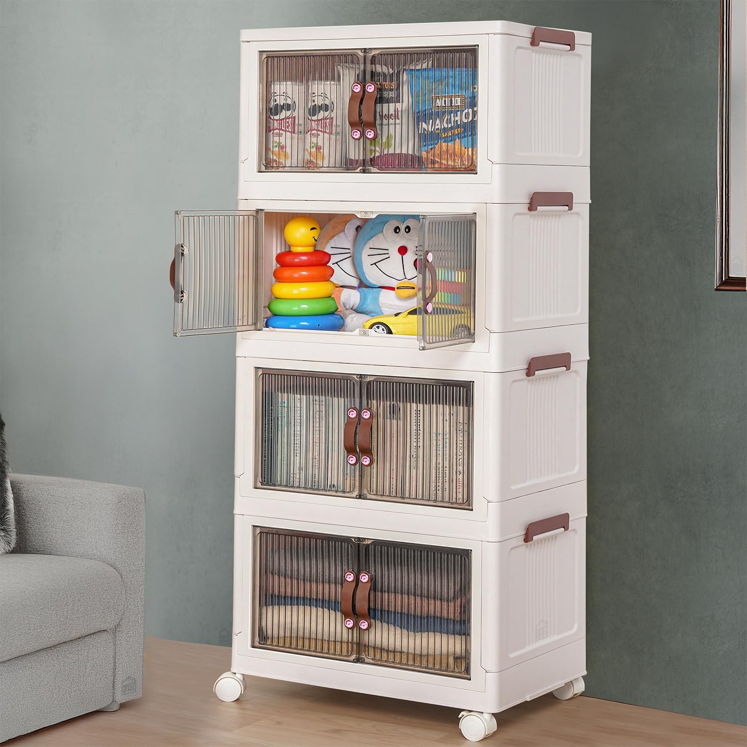 ABOUT SPACE Plastic Cupboard For Storage -4 Tier Diy Foldable Cupboard With Door,Caster&Roller Wheels|Kids Wardrobe For Clothes Collapsible Racks For Home Office Bedroom(L 48.5 X B 29X H112Cm), Ivory