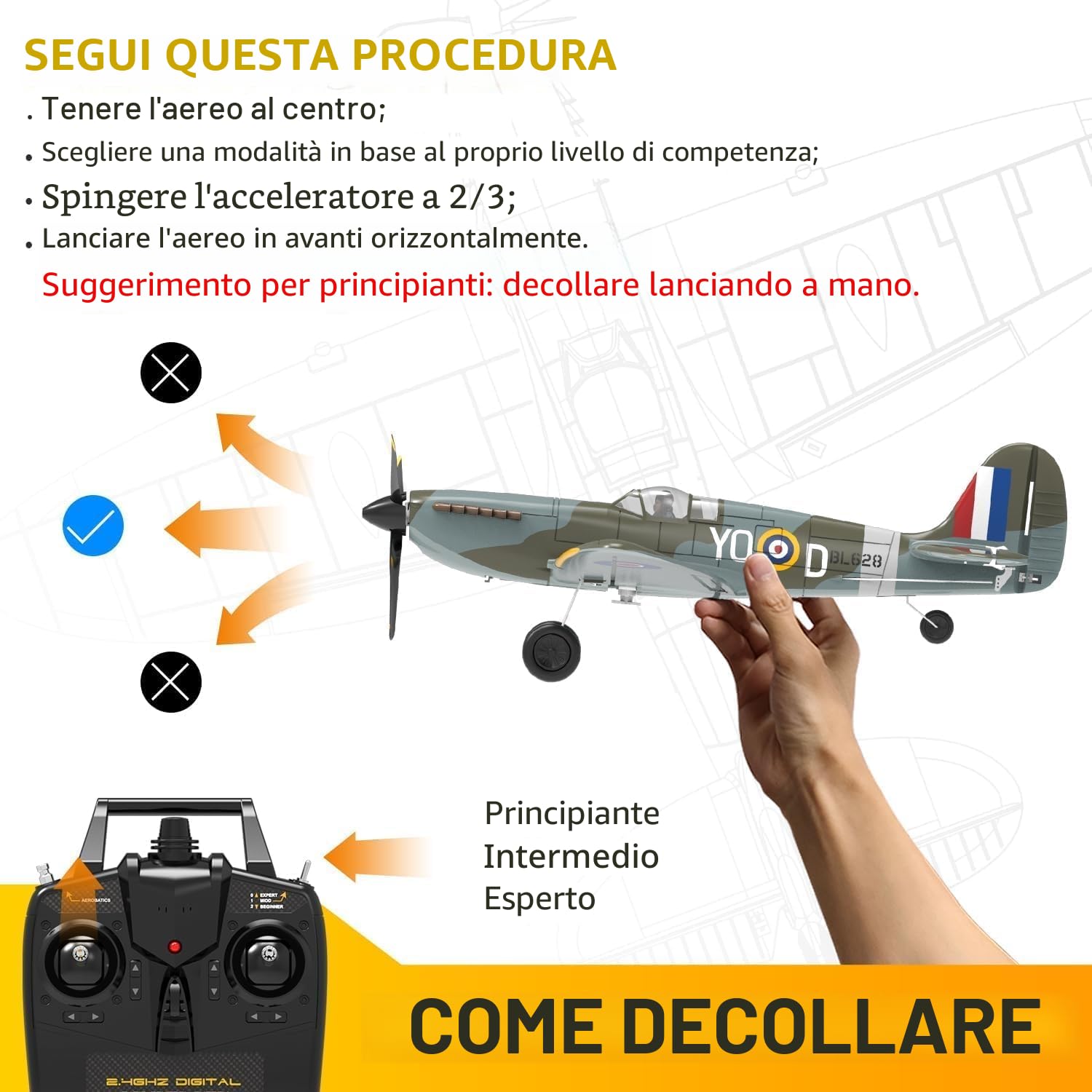 volantexrc Aereo RC, Caccia Spitfire V2 Telecomandato 4 Canali RTF con Alettoni, Gyro, Funzioni Acrobatiche e 3 Modalità, Facile da Pilotare, Aeromobile Radiocomandato