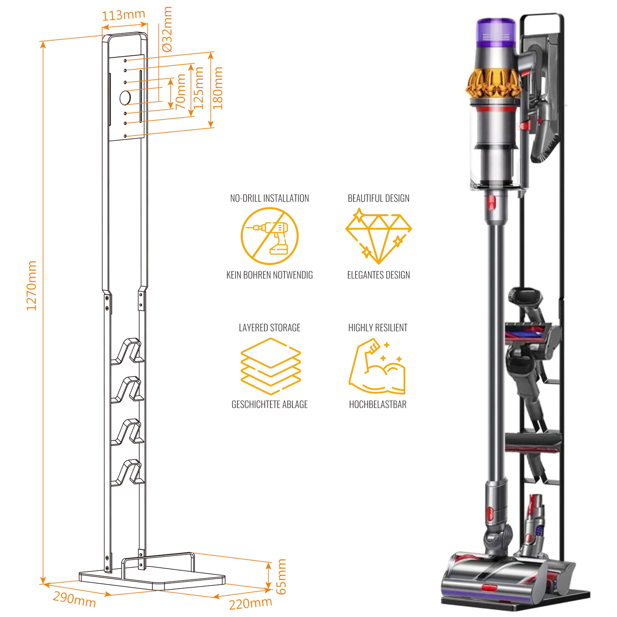 RICOO Staubsaugerhalterung SH502 freistehender Ständer für Dyson V6 V7 V8 V10 V11 Zubehörhalter für Akkustaubsauger ohne Bohren Organizer für Bürsten & Schlauch Staubsaugerhalter schwarz