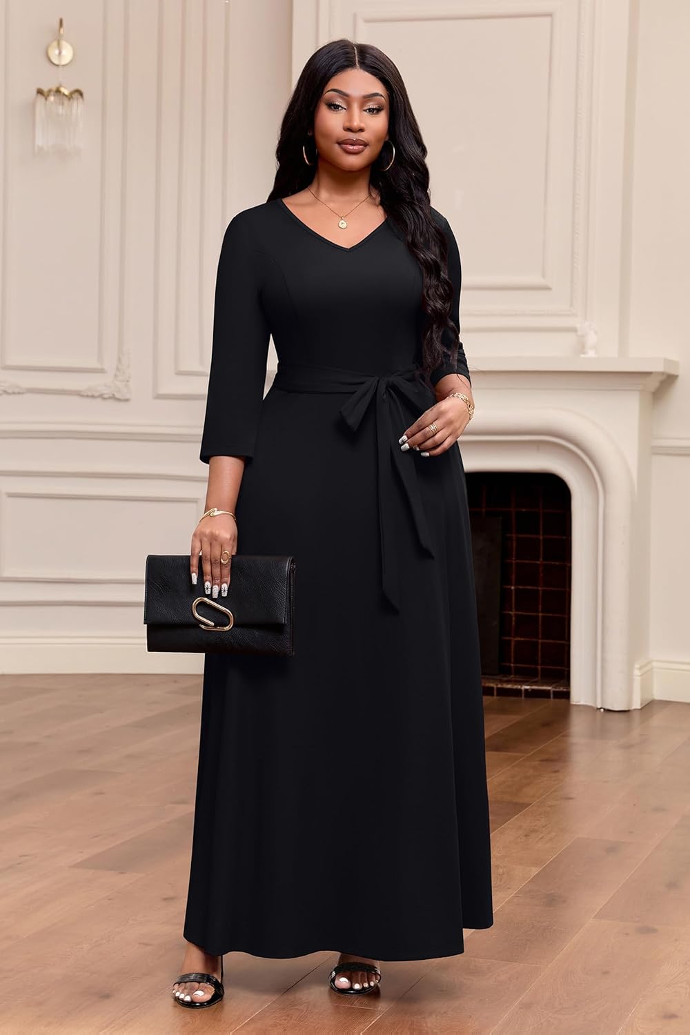 FANDEE Maxi Dress for Women 3/4 Sleeve A line V Neck African Print Church Long Dresses with Pockets - Image 6