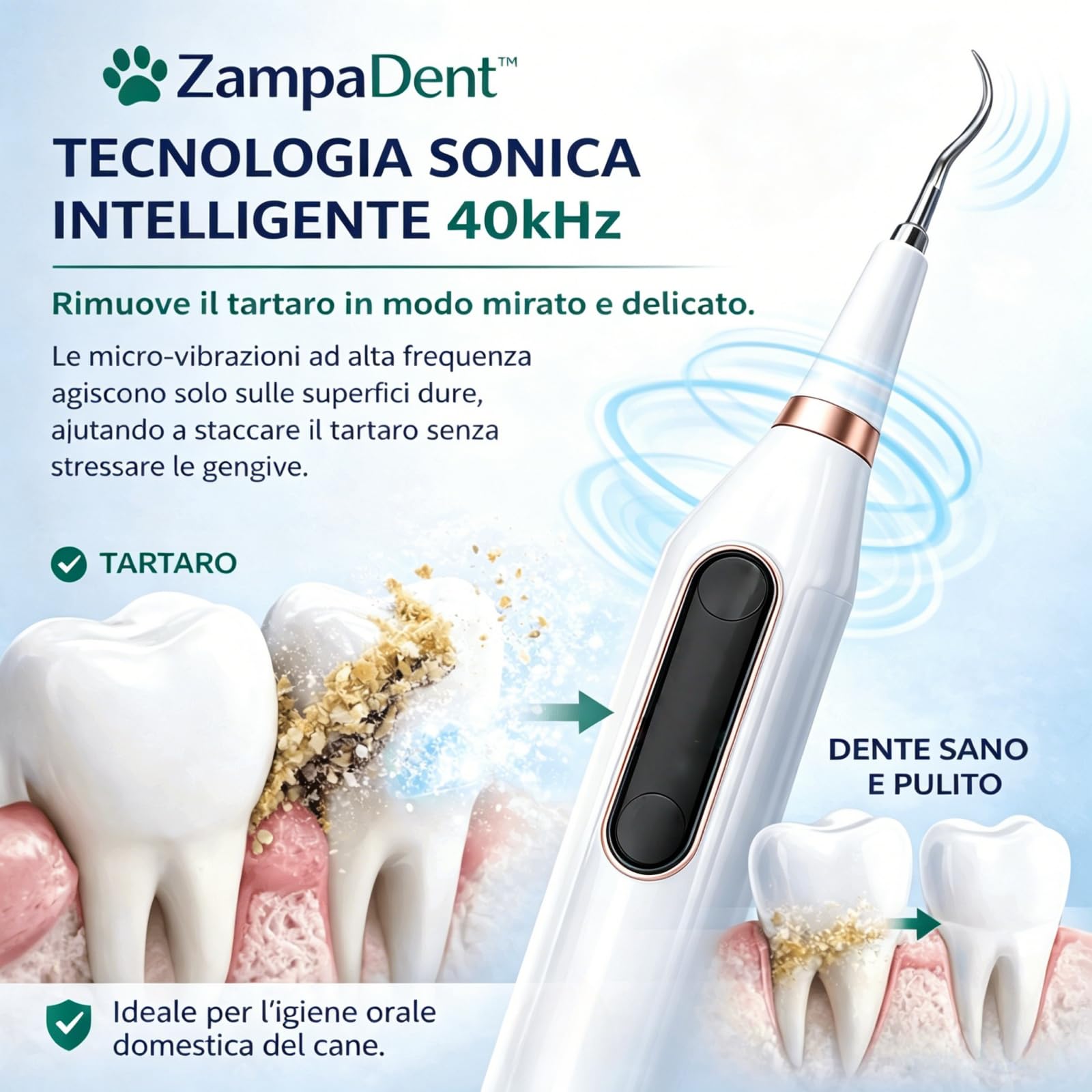 Zampadent Dispositivo Professionale Per La Pulizia Dentale Del Cane,Kit Pulizia Denti Elettrico 6 Modalità,IPX6,Ricaricabile USB Type-C,Rimuovi Tartaro e Placca Dentale
