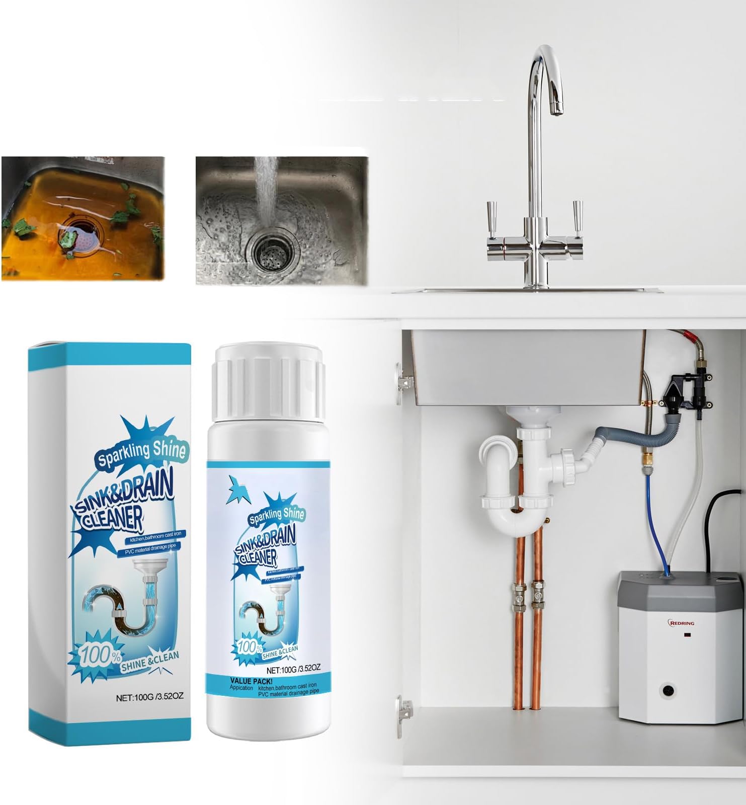Azonee 100g Pipeline Unclogging Agent & Deodorizer Fresh Scent, Prevents Buildup and Maintains a Clear Drain, Kitchen Sink, Toilet, Sewer Blockage, Odor Removal, Cleaning And Unclogging Agent