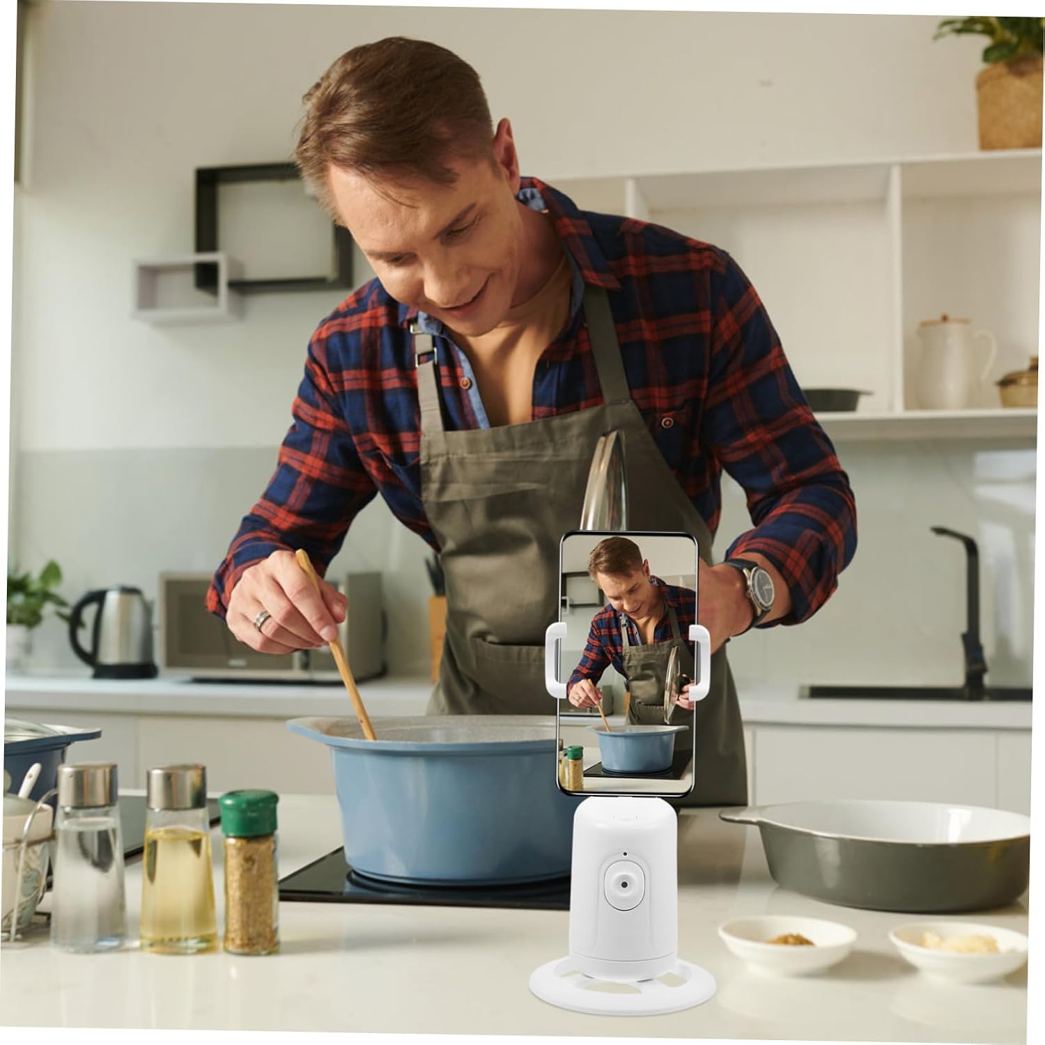 SOLUSTRE Smart Face Recognition Phone Stand with 360° Rotation, Multi-Functional Abs and Metal Material, Ultra-Low Power Consumption, Suitable for Selfie and Desktop Use