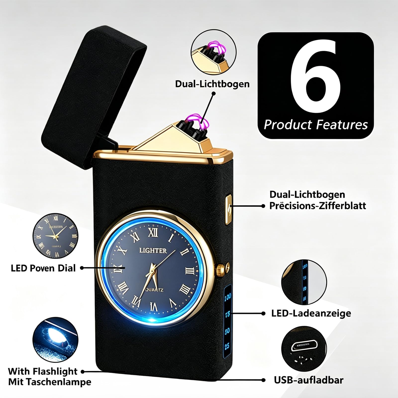 Mechero eléctrico USB C recargable, con indicador de potencia LED y linterna, para camping, barbacoa y pesca (espejo, negro mate)