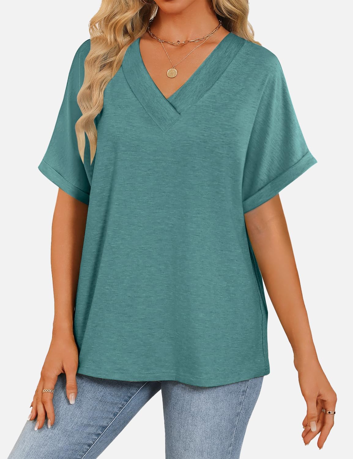 Womens Short Sleeve T Shirts V Neck Loose Fit Shirts Summer Casual Basic Tee Tops - Image 2