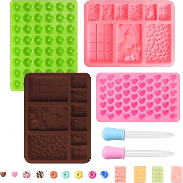 4 PCS Silicone Candy Moulds Sweet Moulds Chocolate Moulds with 2 Droppers Non Stick BPA Free Reusable Gummy Moulds Ice Cube Trays Candy Baking Tray for Sweet Candy Chocolate Ice Cube