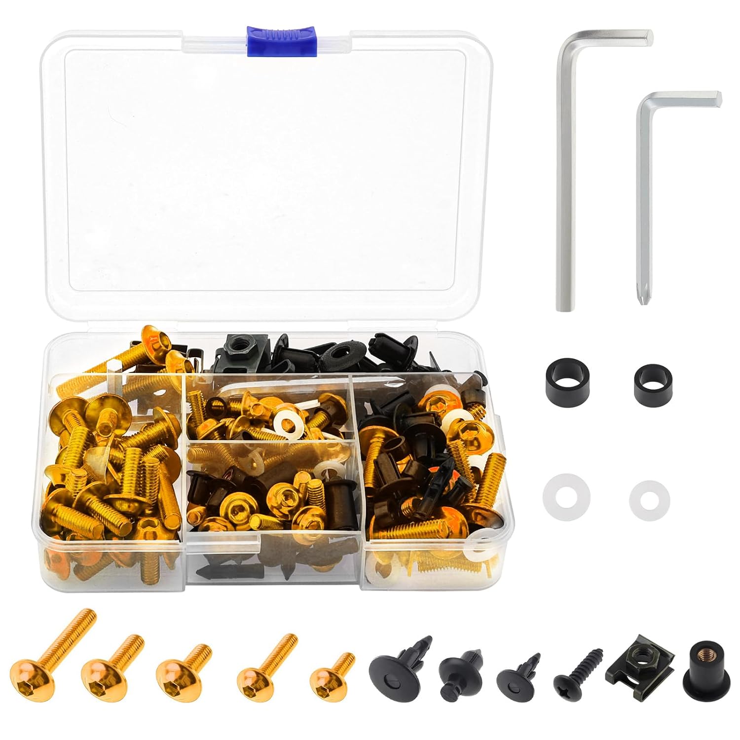 Windance 194pcs/set M5 M6 Fairing Bolt Kit Fit for Yamaha Honda Kawasaki Suzuki BMW Motorcycle Mounting Kits Washers Nuts Screws Clips, Aluminum Alloy Screws Fasteners (Yellow)