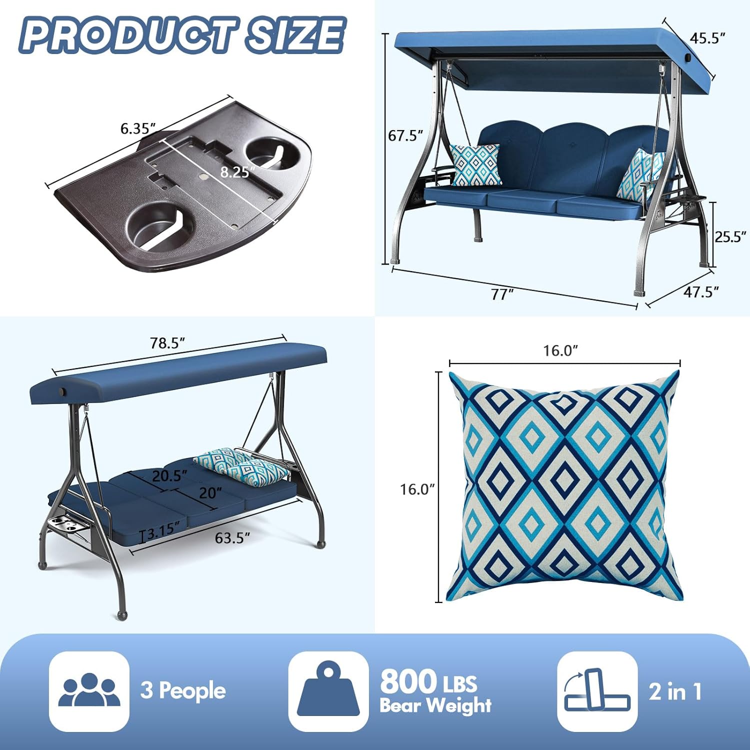 3 Seat Outdoor Porch Patio Swing with Stand 800lbs 2-in-1 Convertible Swing Bed with Adjustable Canopy & Removable Cushion for Yard Garden Deck (Blue, Square Tube)