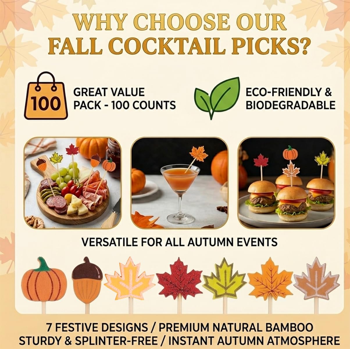 100 Pcs 4.7" Fall Cocktail Picks, Thanksgiving Toothpicks Appetizer Skewers