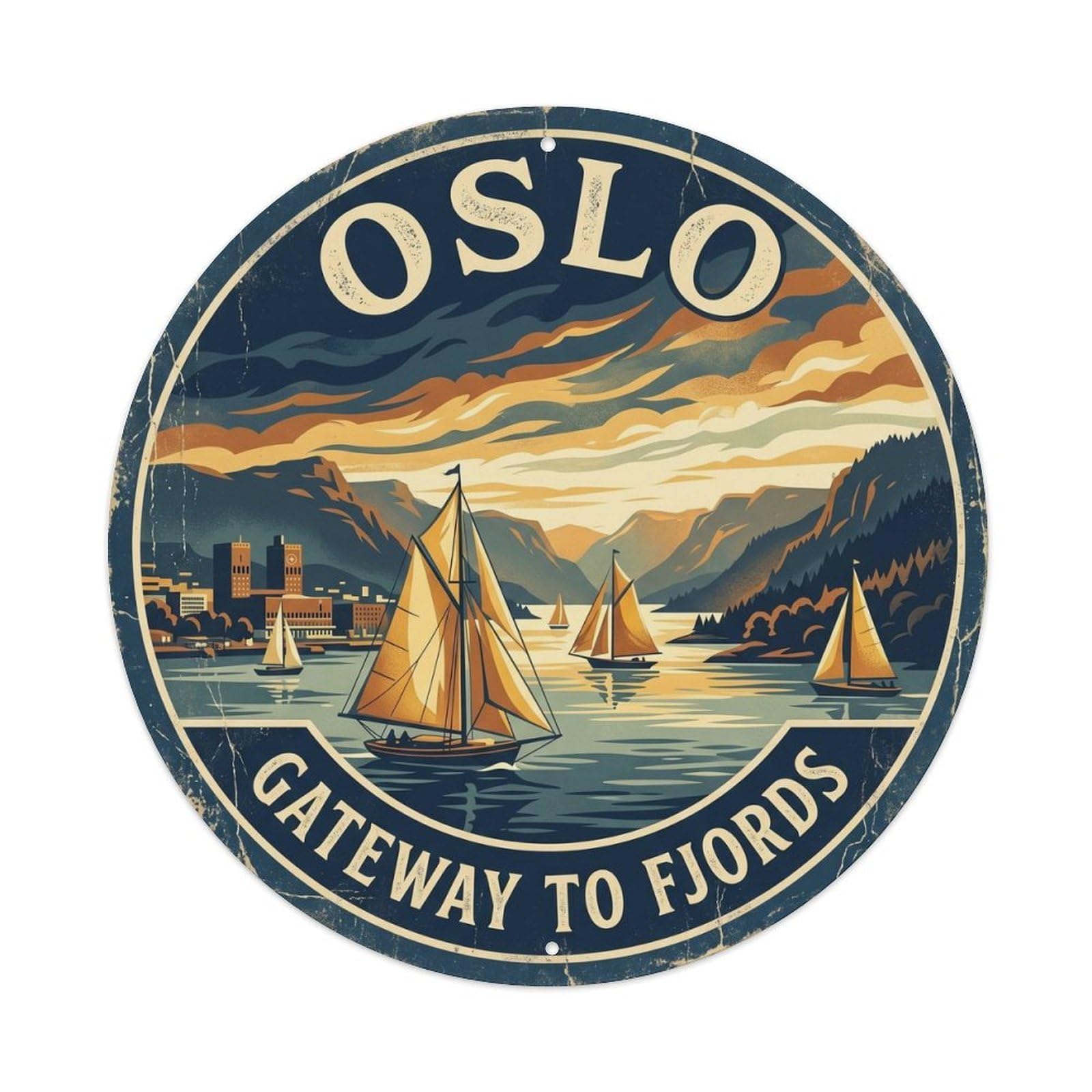 Cmhok Vintage Style Vintage Travel Oslo Norway Fjord Metal Tin Sign Plaque Wall Decor For Cafe, Club, Garden Round Metal Poster 8X8inch