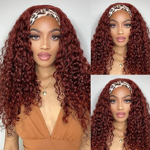 Miniatura 1 de Pelucas con diadema de cabello humano ondulado profundo # 33 marrón rojizo rizado, peluca de cabello humano brasileño hecho a máquina, pelucas de