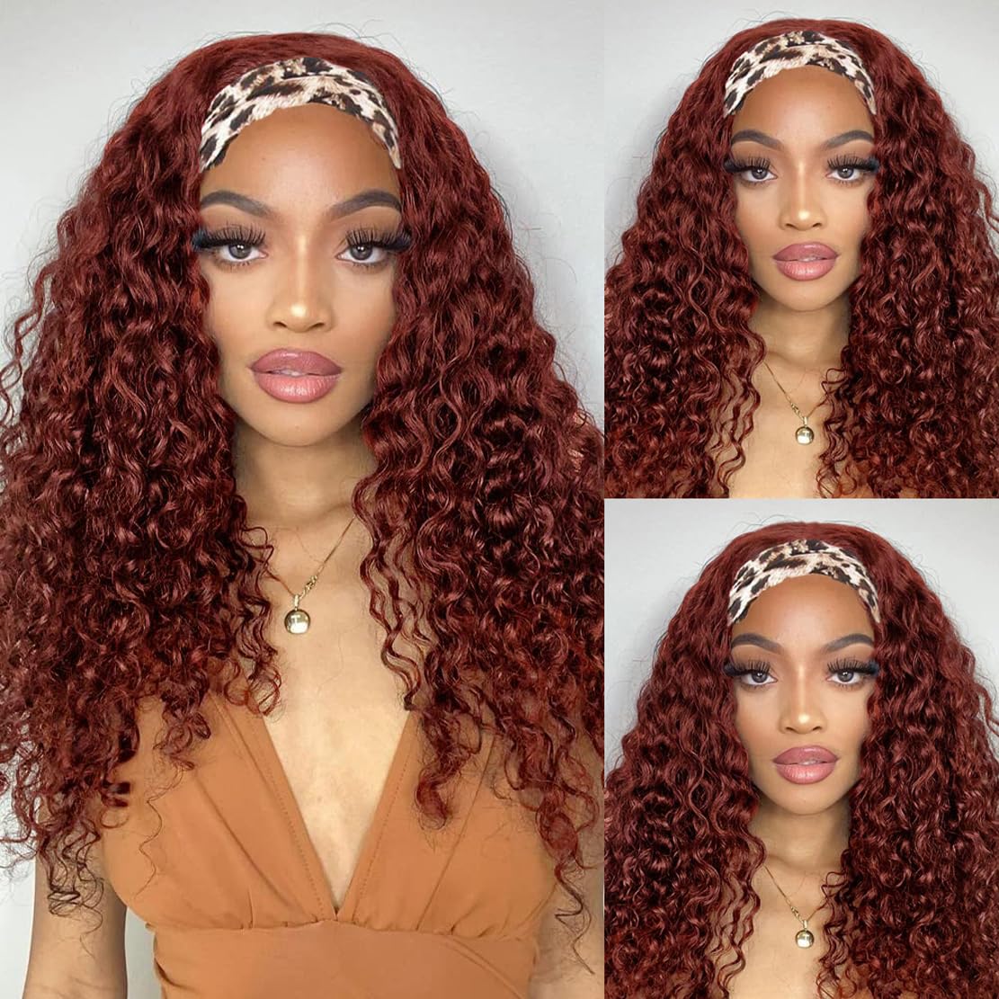 Headband Wigs Human Hair Deep Wave 33# Reddish Brown Curly Human Hair Wig Brazilian Machine Made Lace Front Wigs Glueless Copper Red Curly Headband Half Wigs for Black Women 20 Inch