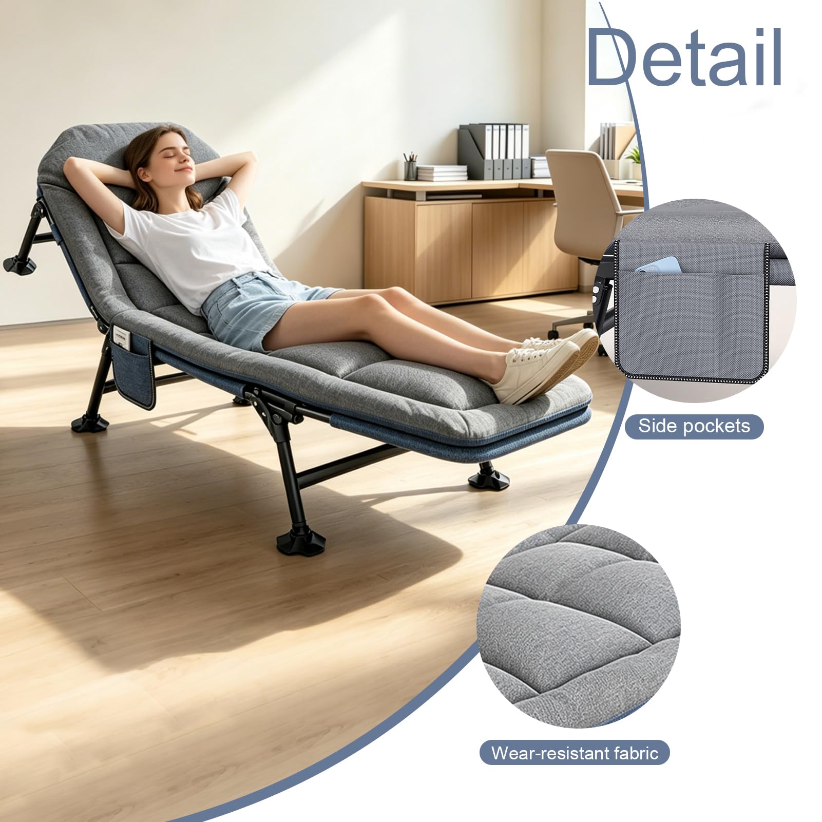Lit de camp pliable - 190 x 68 x 30 cm - Chaise longue de jardin pliable - Charge maximale : 150 kg - Avec matelas - Lit de camping réglable - Gris