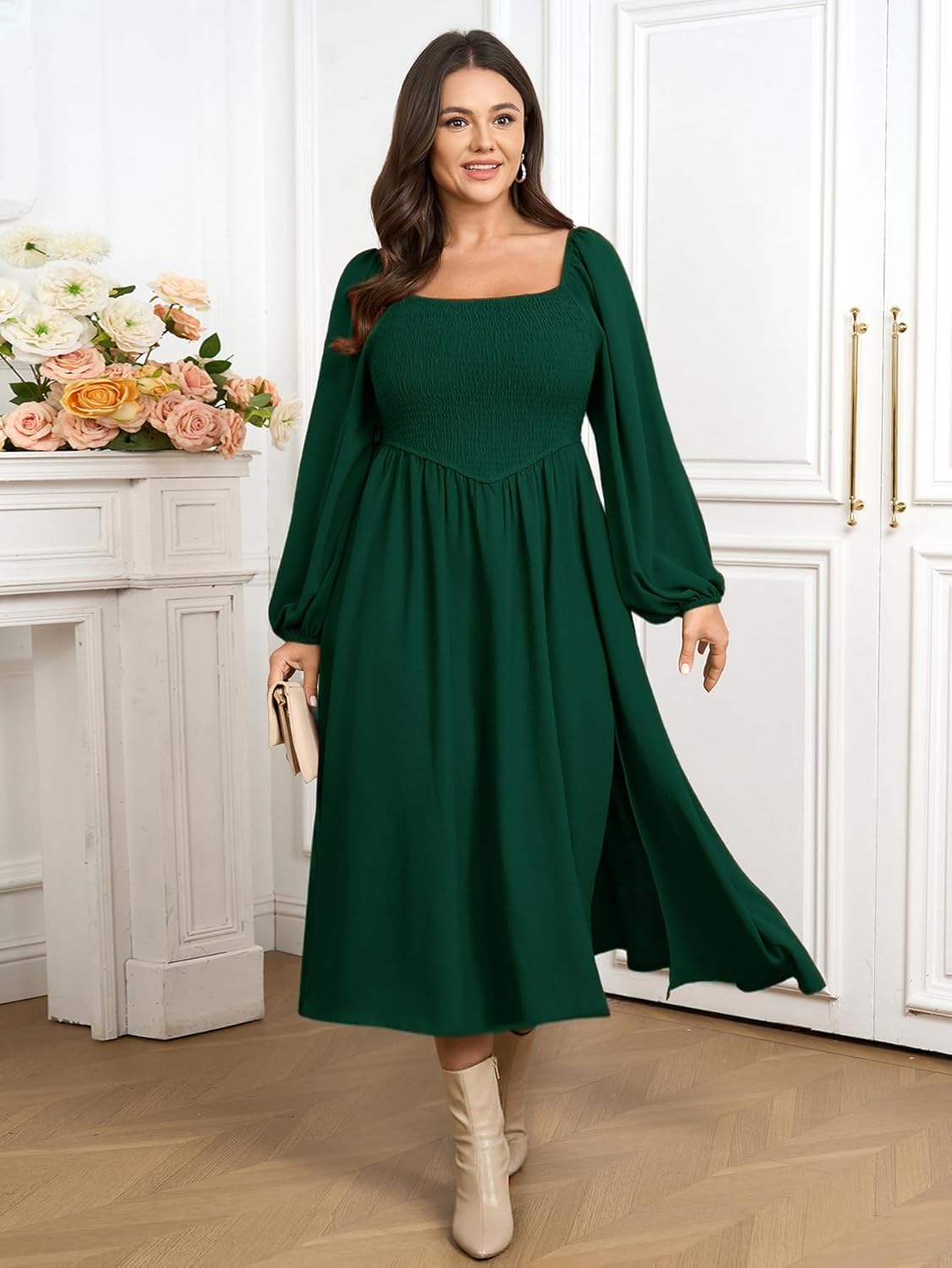 SCOMCHIC Women's Plus Size Fall Dresses Long Sleeve Square Neck Smocked Flowy A-Line Formal Wedding Guest Maxi Dress - Image 5