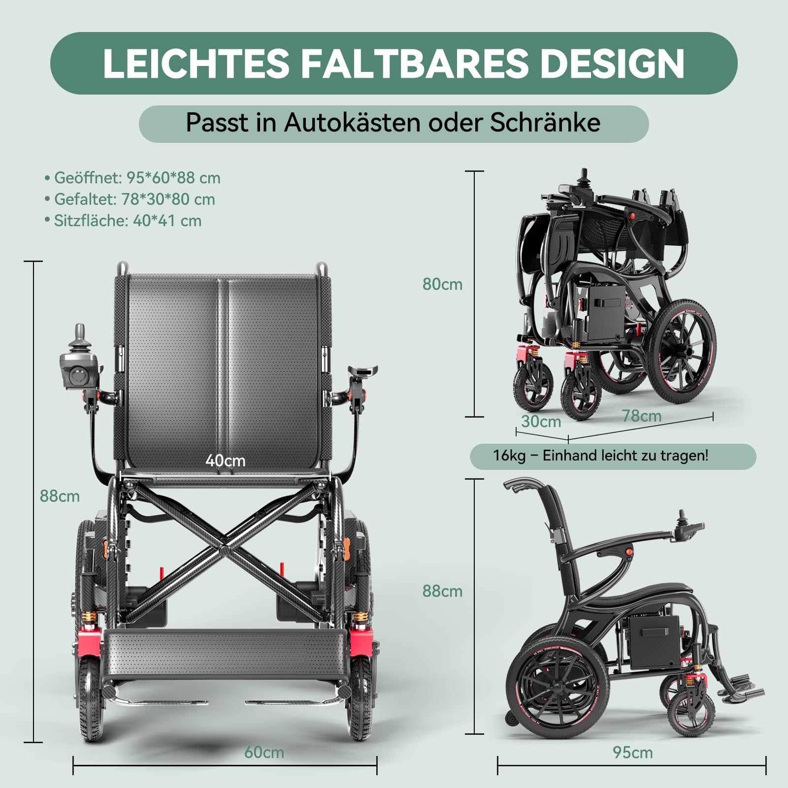Elektrischer Rollstuhl Faltbar, Kohlefaser, 16 kg Leichtgewicht (ohne Akku), 25 km Reichweite, 150 kg Tragfähigkeit, 500W Motor, Abnehmbarer Lithium-Akku, Für Erwachsene – Ideal für Reisen & Alltag