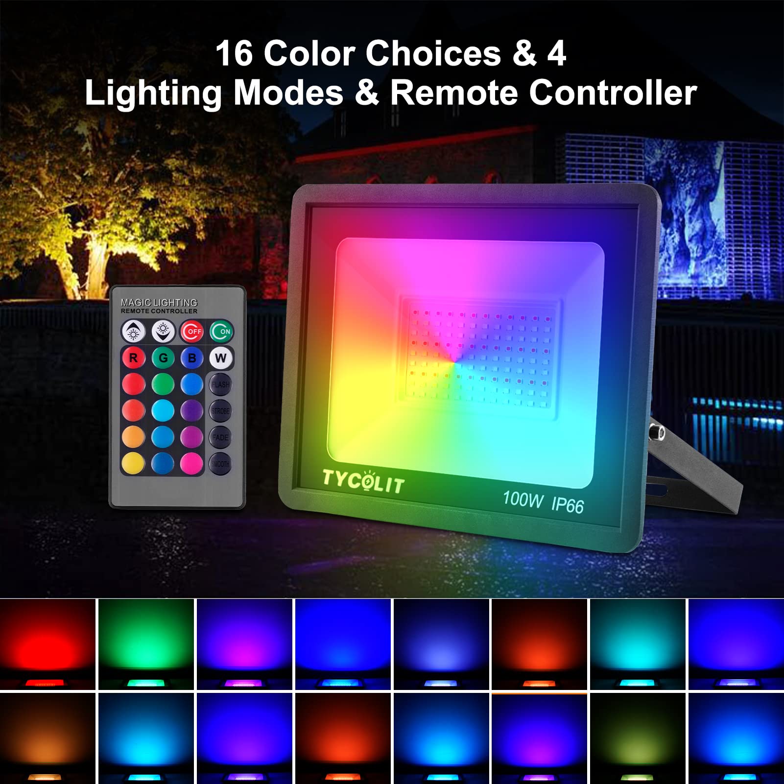 RGB LED Strahler mit Stecker 100W 2 Stück,16 Farben 4 Modi Farbwechsel Fluter Flutlichtstrahler,LED Scheinwerfer mit Fernbedienung & Memory-Funktion,IP66 Wasserdicht Außenstrahler für Garten Party