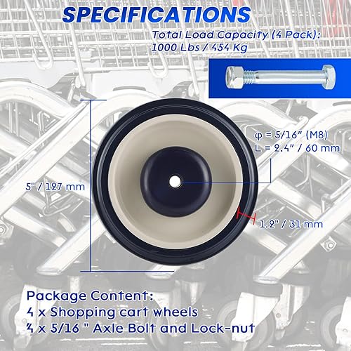 Miniatura 2 de Repuesto de ruedas para carrito de compras, 4 unidades, ruedas para carrito de compras de 5 pulgadas de diámetro con pernos de ejes (gris)