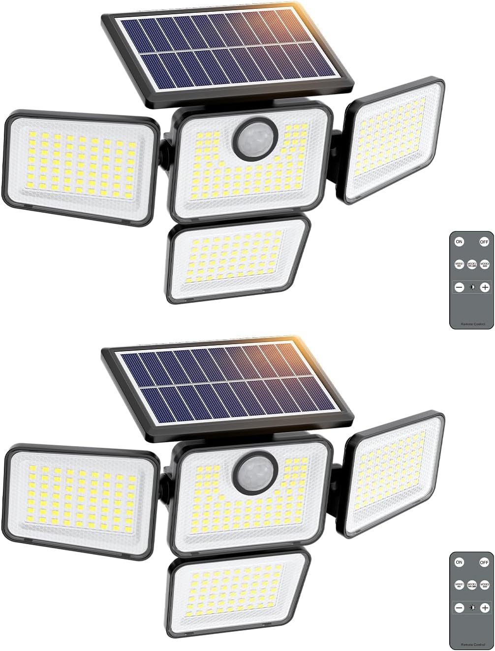 6000LM Photo voltaic Lights Out of doors Waterproof, 4 Heads Movement Sensor Out of doors Lights, Photo voltaic Flood Lights with Distant Management for Yard Home Exterior Storage 2 Pack