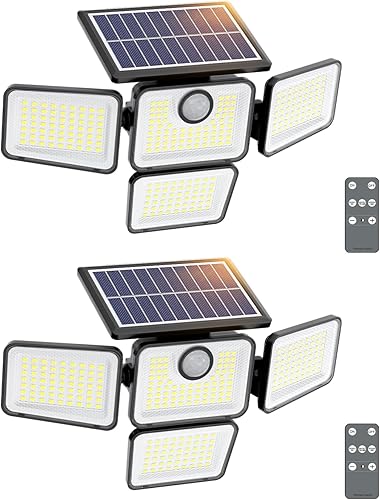 Luces solares impermeables para exteriores, 6000 lúmenes, sensor de movimiento de 4 cabezales, luces de inundación solares con control remoto para