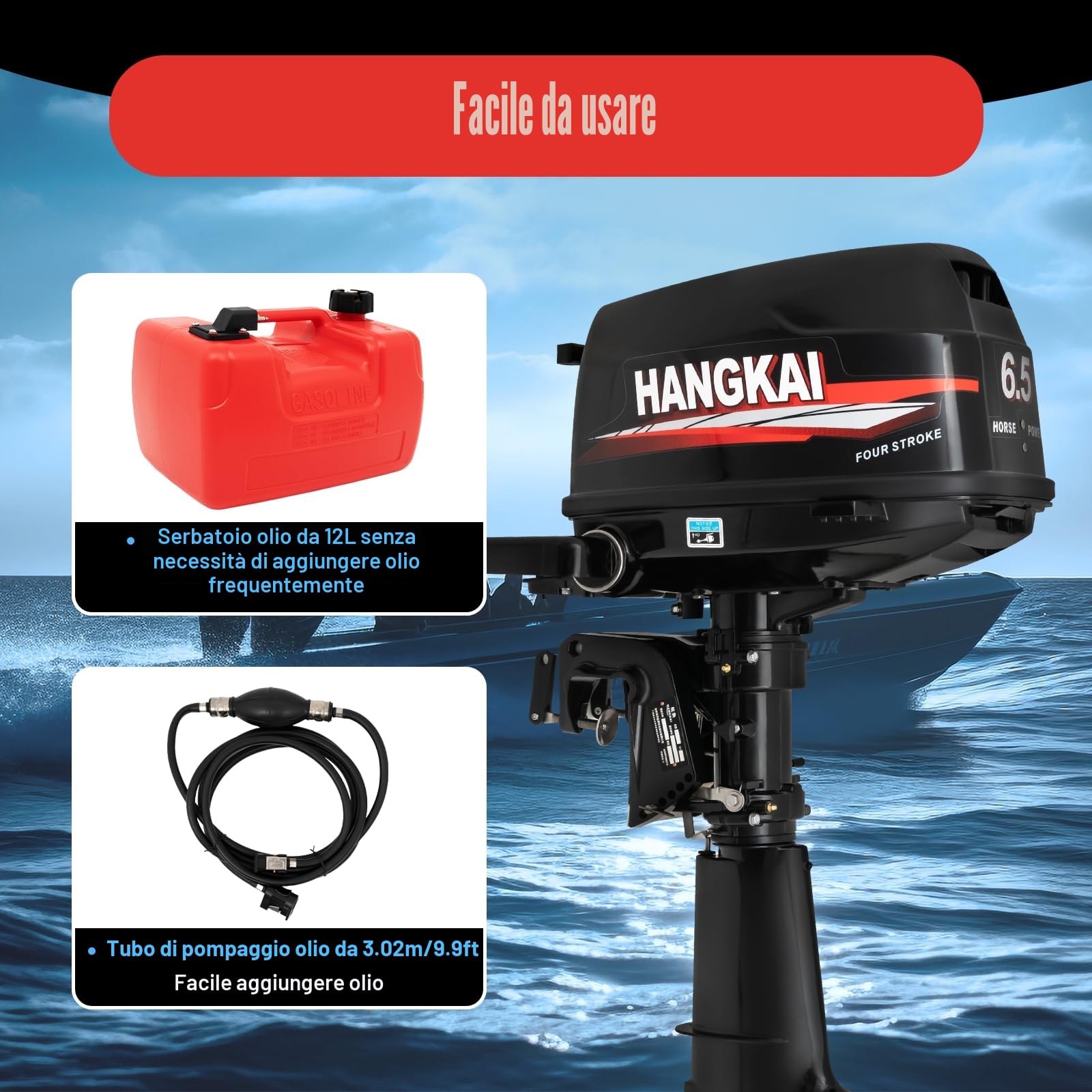 Motore fuoribordo a 4 tempi, 123 cc, 6,5 CV, 6000 giri/min, capacità serbatoio 12 l, raffreddato ad acqua, accensione CDI, avviamento manuale, motore fuoribordo per barche pneumatiche, barche da pesca