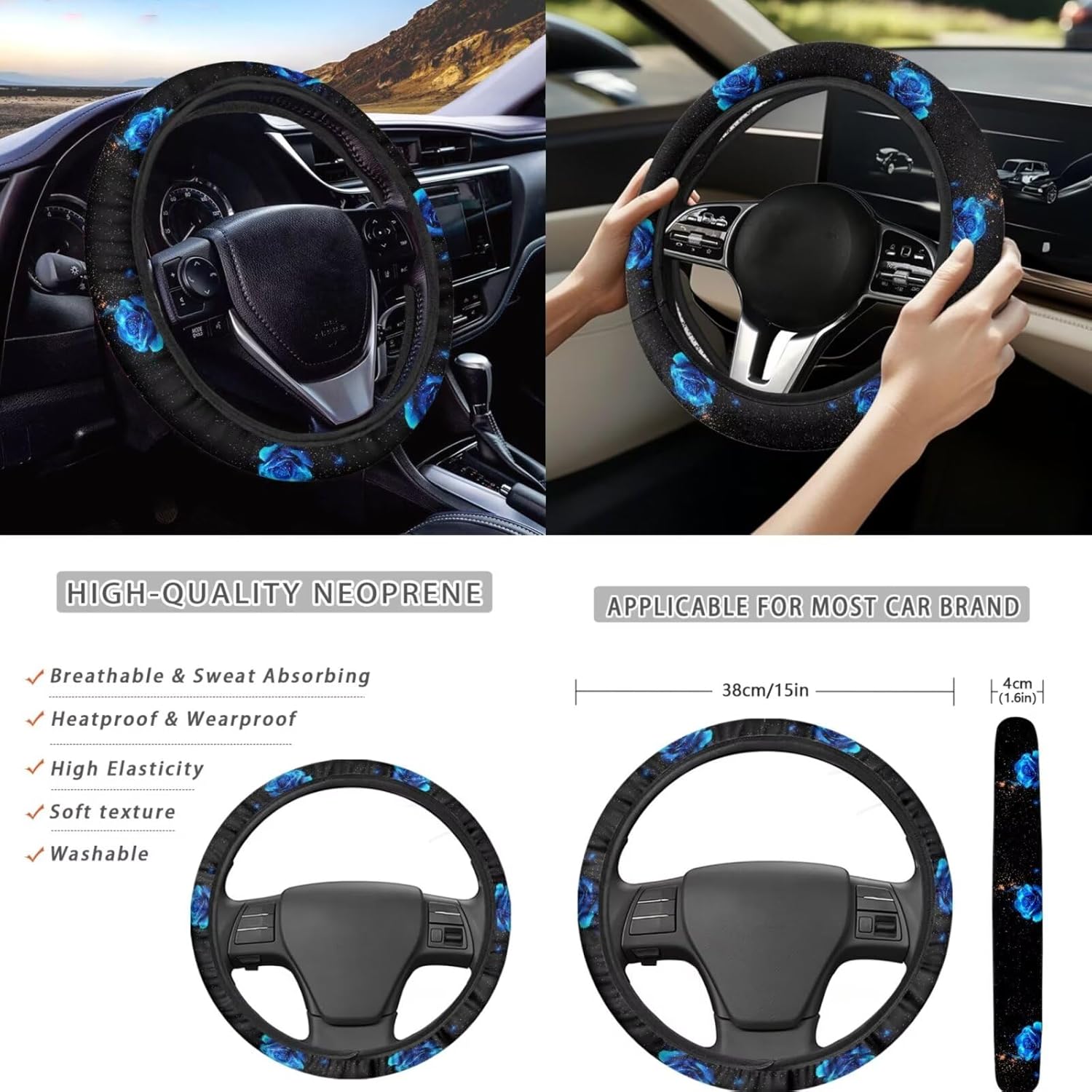 AFPANQZ Blue Rose Car Seat Cover Protection Front Seats Only Universal, Anti-Slip Steering Wheel Cover Stretch-on,Seatbelt Cover Seat Belt Shoulder Pad Adult Kids, Car Armrest Cover