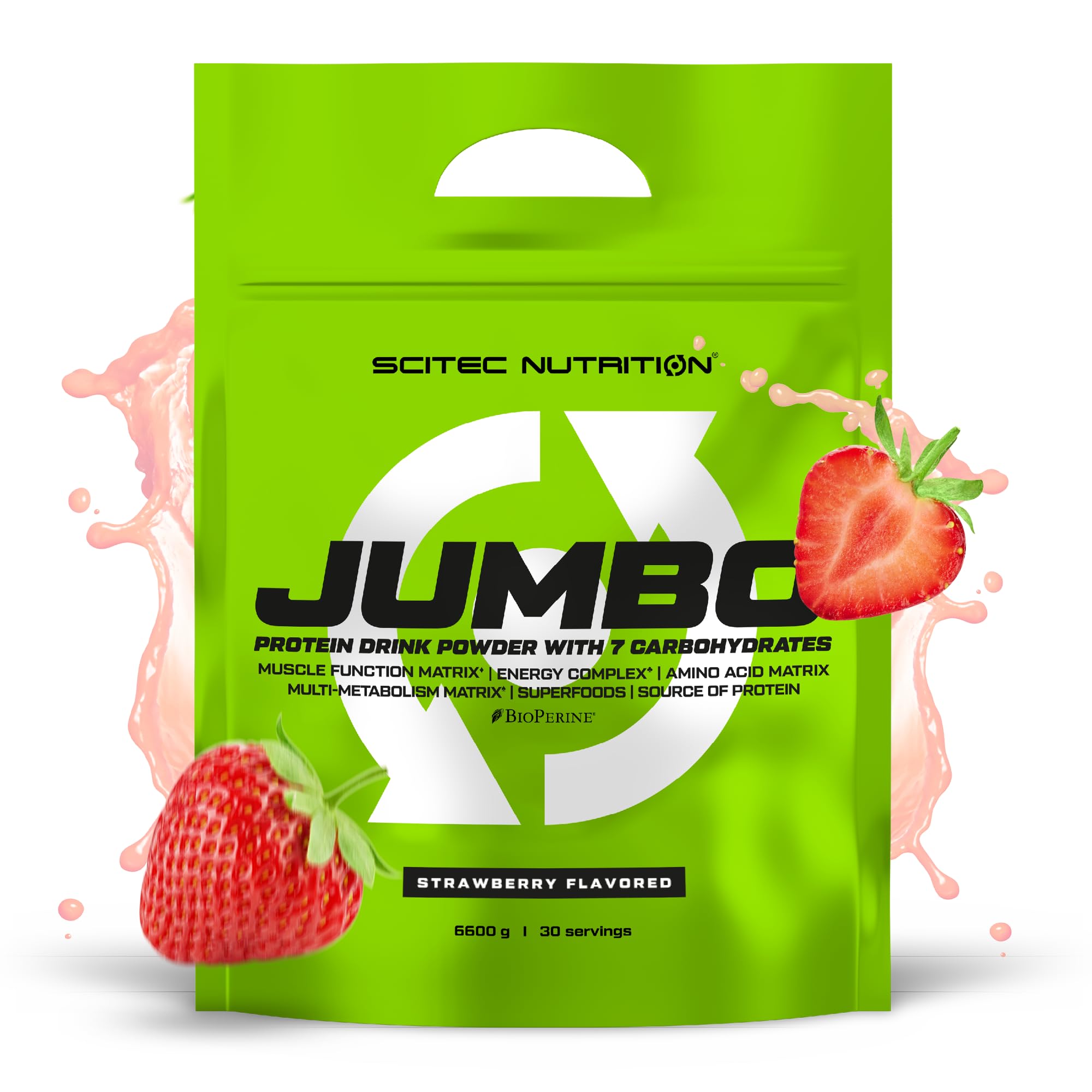 Scitec Nutrition Jumbo - Ganador de Peso Alto en Calorías - con Proteína Multi-Componente - Matriz de Aminoácidos - Matriz Metabólica - Mezcla de Superalimentos, 6,6 kg, Fresa