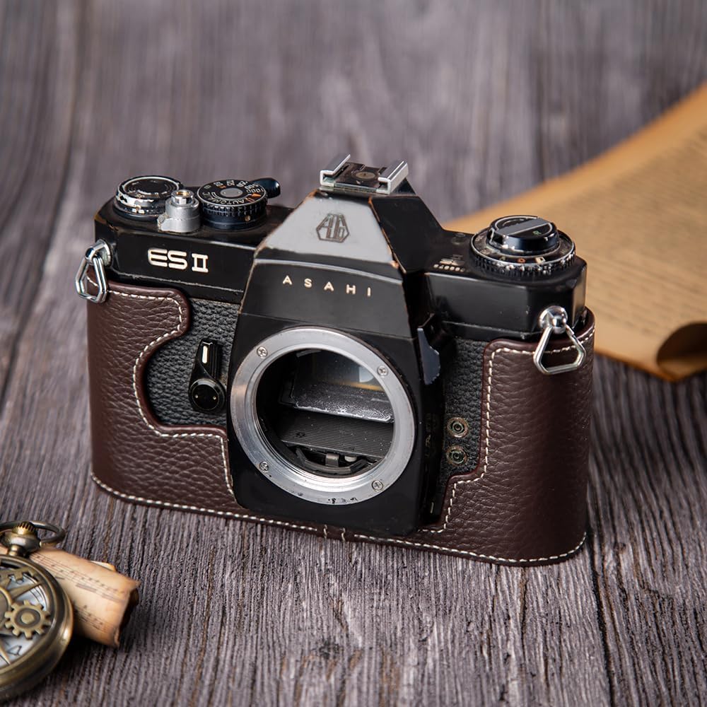 ES2 Vintage Genuine Leather Camera Case, Half-Wrap Genuine Leather Camera Protector for Pentax ES II (Mocha-White line)