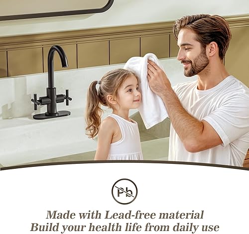 Miniatura 6 de Phiestina Grifo de baño central negro mate, grifo de tocador de un solo orificio de 4 pulgadas o 3 agujeros con boquilla giratoria de 360, placa de