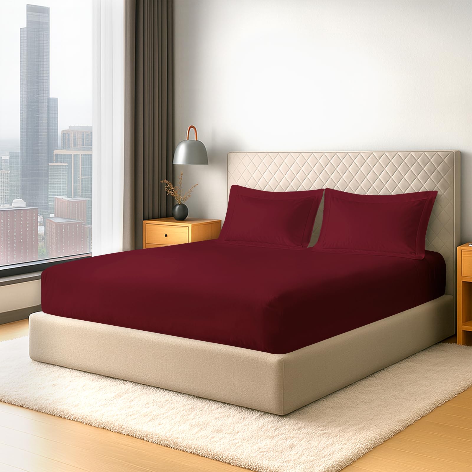 Pizuna Pure Cotton 600 Thread Count Double Fitted Sheet with 2 Pillowcases, Rio Red 100% Long Staple Cotton, Soft Sateen Weave 40 cm Deep Fitted Sheets Double Bed โ image 1