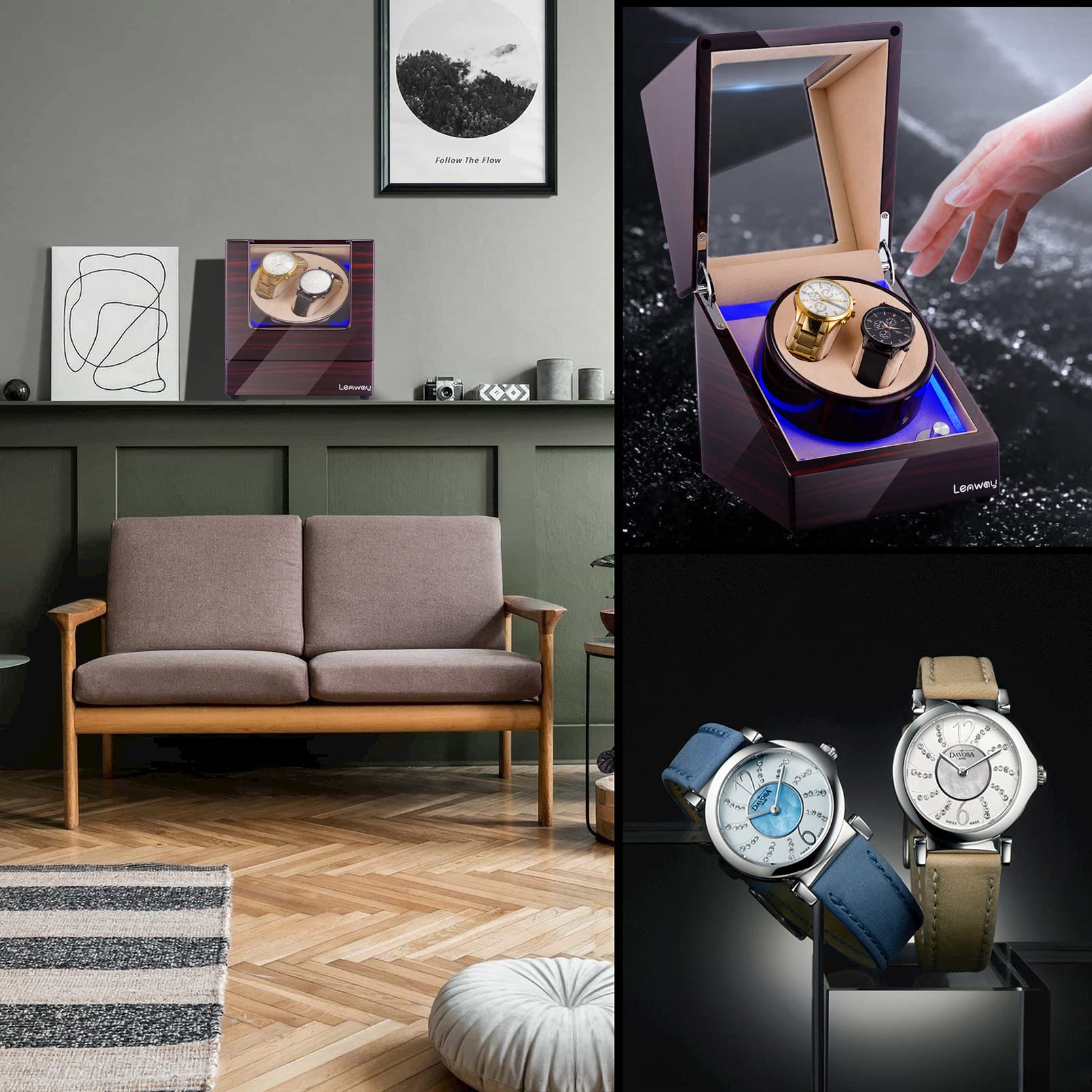 Lenway Double Watch Winder Super Quiet?Automatic Watch Winder Four Rotation Modes?Battery Operated or Ac?with Led Light?Watch Winder for Rolex for Men and Woman?High-End Piano Paint Baking