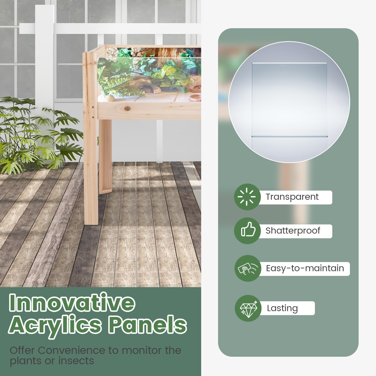 HOMASIS Huerto Elevado de Madera de Abeto con losa acrílica, Cama elevada para Mascotas con 2 Agujeros de Drenaje, Jardinera elevada con Volumen de 50L para balcón, jardín, Natural (100x59x77cm)
