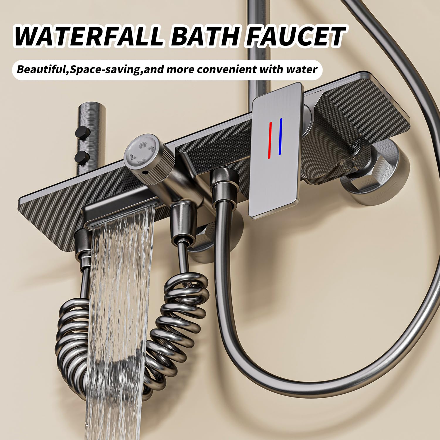 Duscharmatur Komplett Set, Regendusche mit Armatur Schwarz, Handbrause, Duschpistole & Wannenarmatur, Dusche Komplett mit 132cm Duschsäule, für Badzimmer
