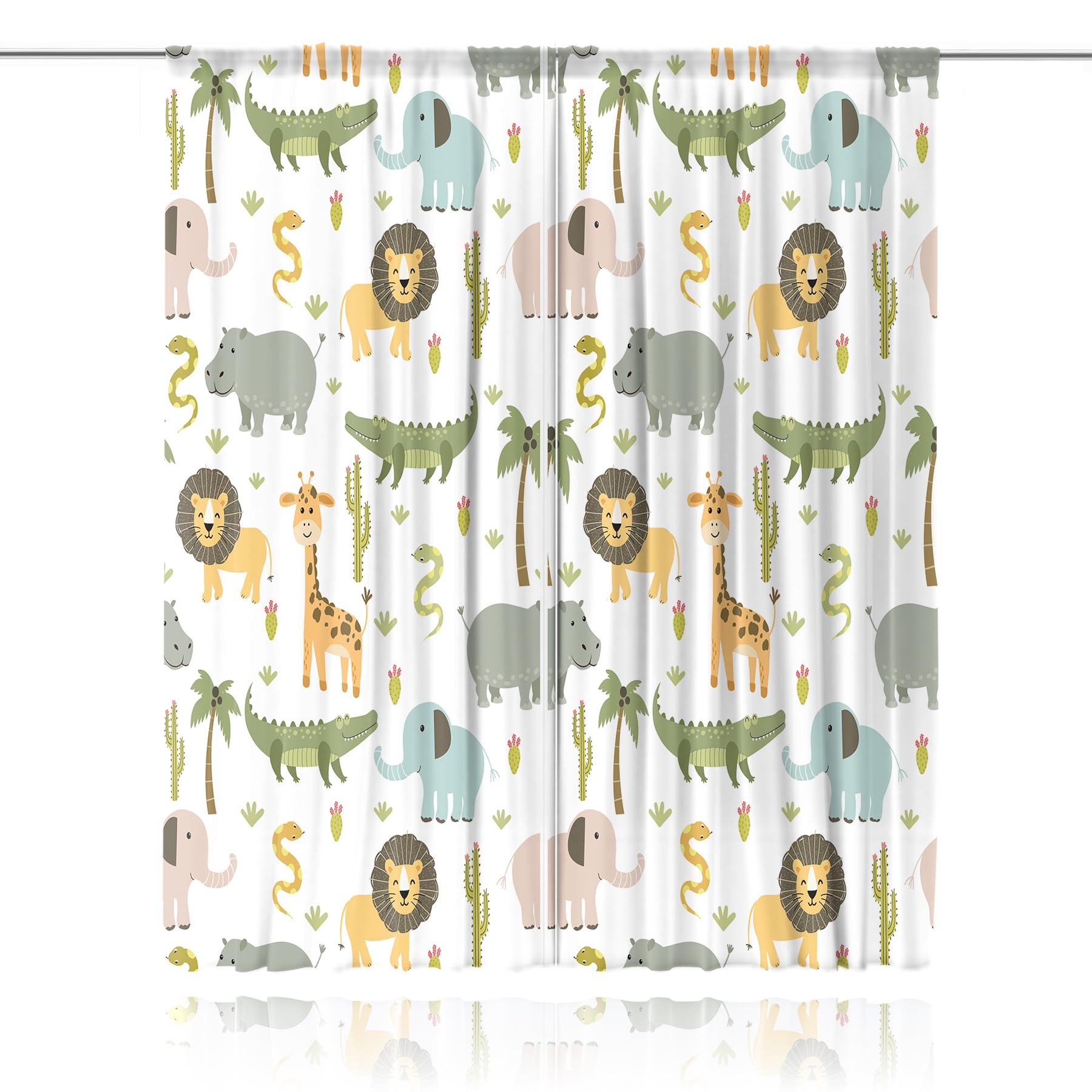 MESHELLY Vorhänge für Kinderzimmer, Safari-Tiere, 74 x 160 cm (B x H), Stangentasche, für Jungen, Kinder, Wald, Dschungel, Löwe, Elefant, Bedruckte Vorhänge für Wohnzimmer, Schlafzimmer