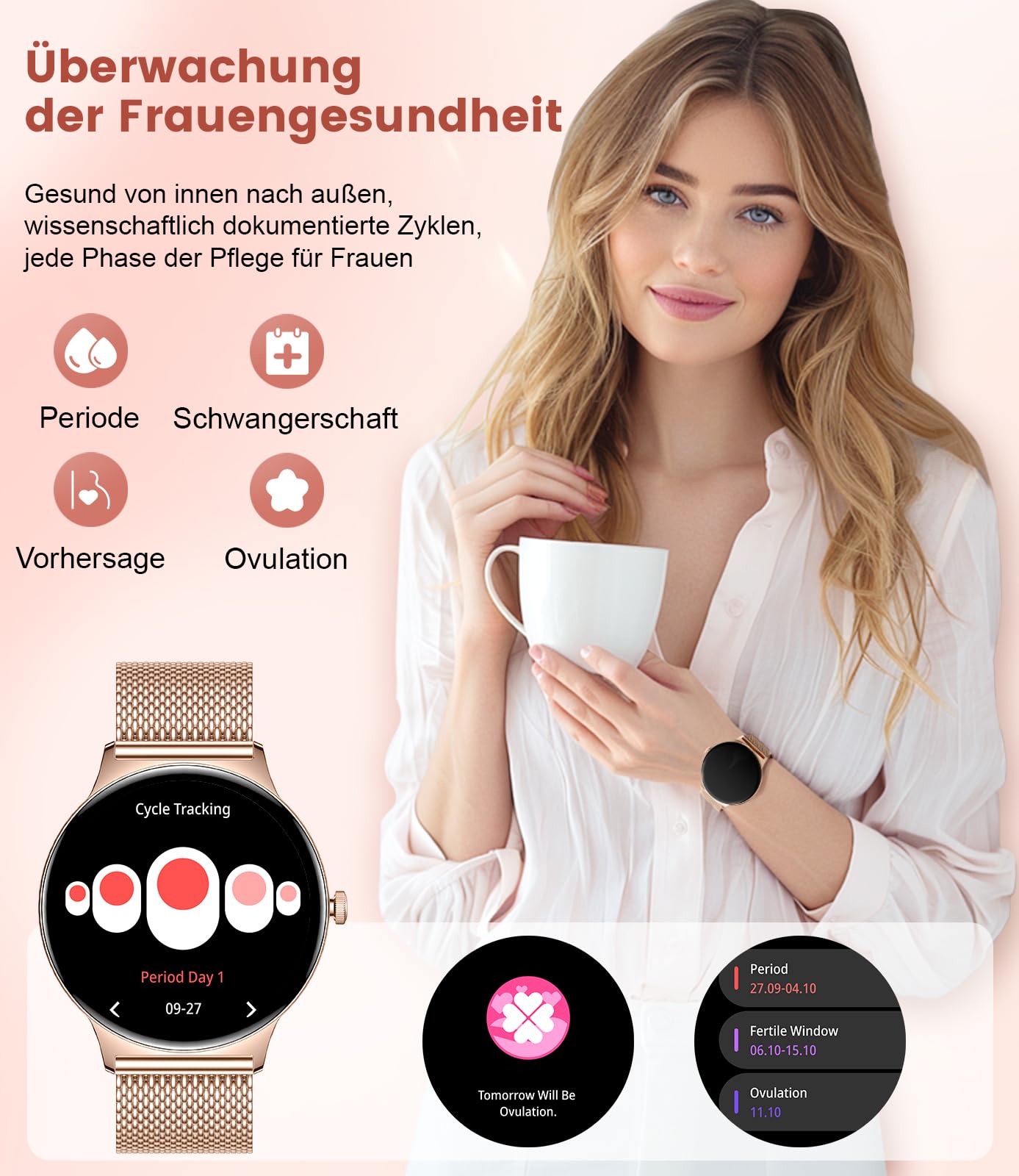 LIGE Smartwatch Damen mit Bluetooth-Anruf, 1,43" HD AMOLED Smart Watch mit IP68 Wasserdicht Damenuhr, Gesundheit der Frauen/Kalorien/120+Sport Modus Sportuhren, Android IOS Fitness Tracker