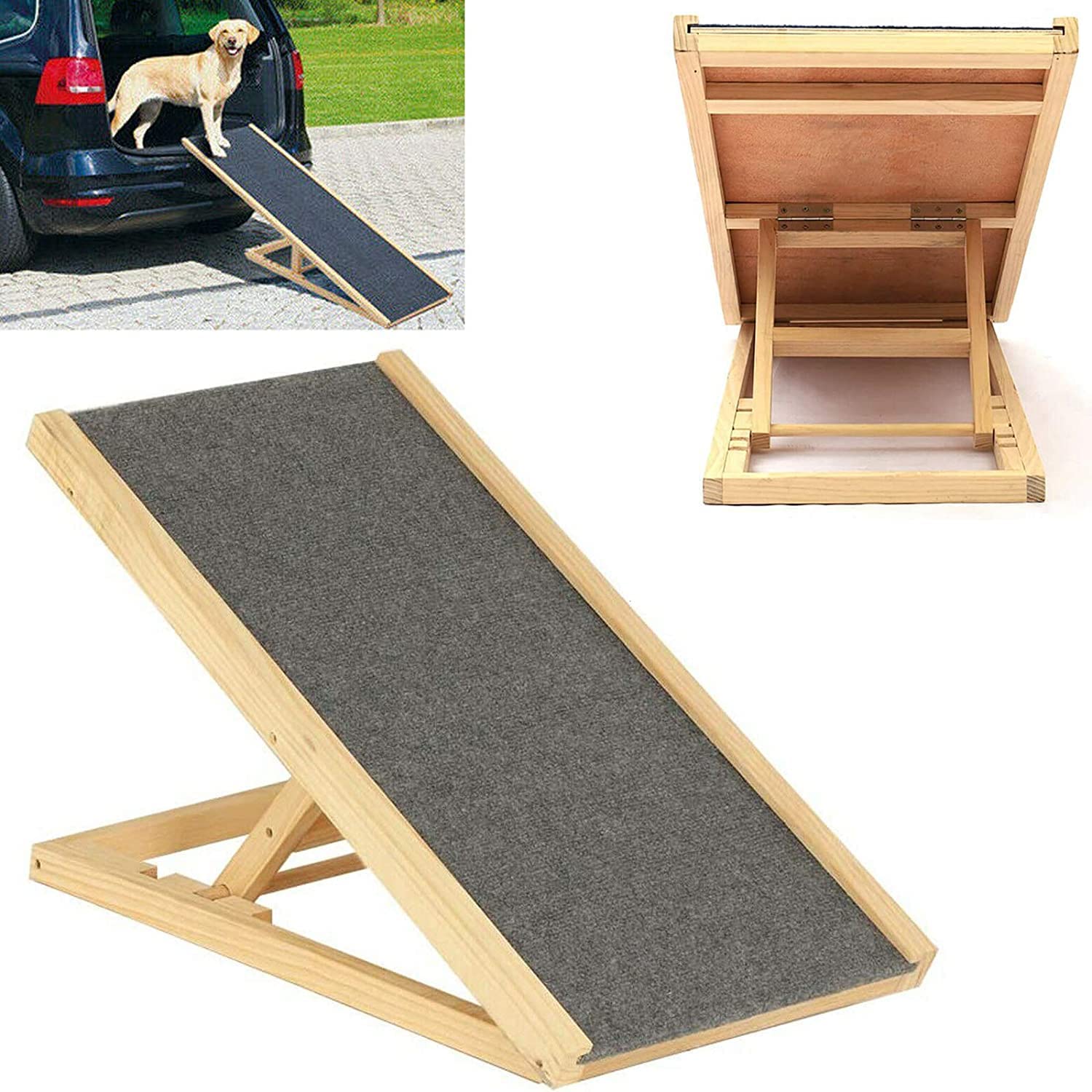 Royalswill Natural Wood Finish Pet Ramp Dog Ramp For Car For Large Dog, Folding Pet Ladder Solid Wooden Ramp Car Dog Ladder With Non-Slip Carpet, Safety Pets Ladder For Car, Bed, Sofa And Suv, Adjustable For 2 Heights(30, 40Cm)