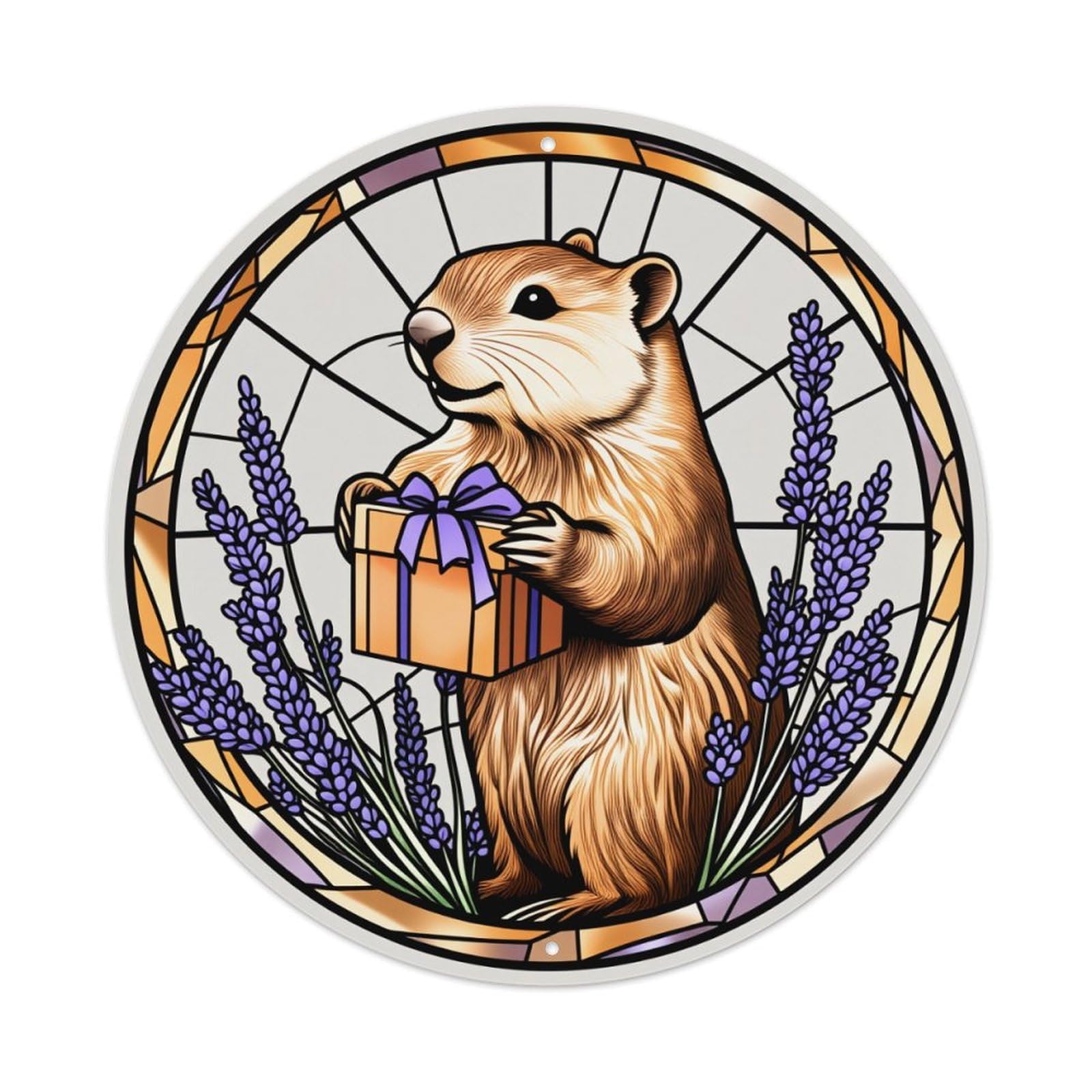 Stained Glass Ground Squirrel Lavender Gift Round Tin Sign Vintage Metal Poster Retro Bar, Home, Man Cave, Kitchen, Laundry Room Wall Art Decor Gift 8x8Inch