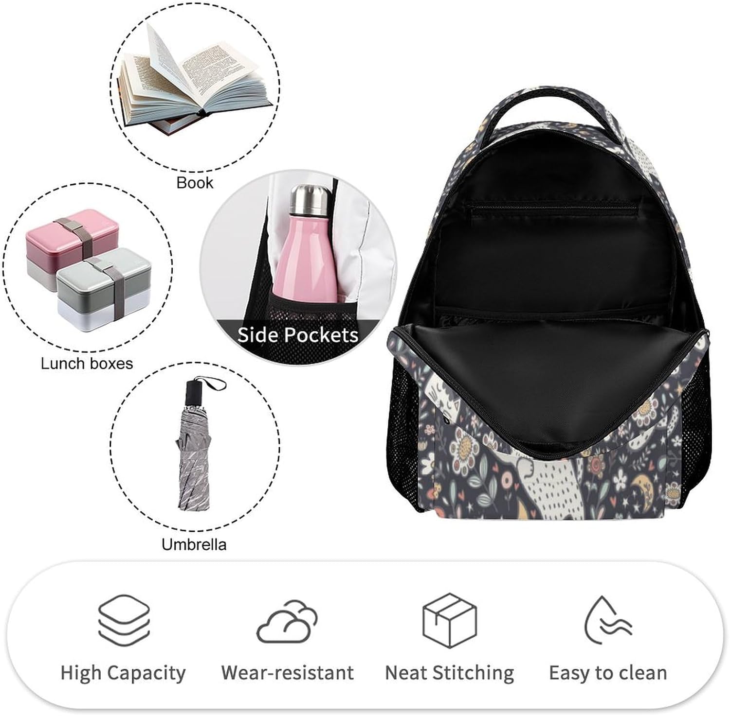 Cartoon Cats Laptop Backpack Purse for Women Men, Kids Cute Cat Print Travel Bag Casual Daypack with Compartment & Multiple Pockets